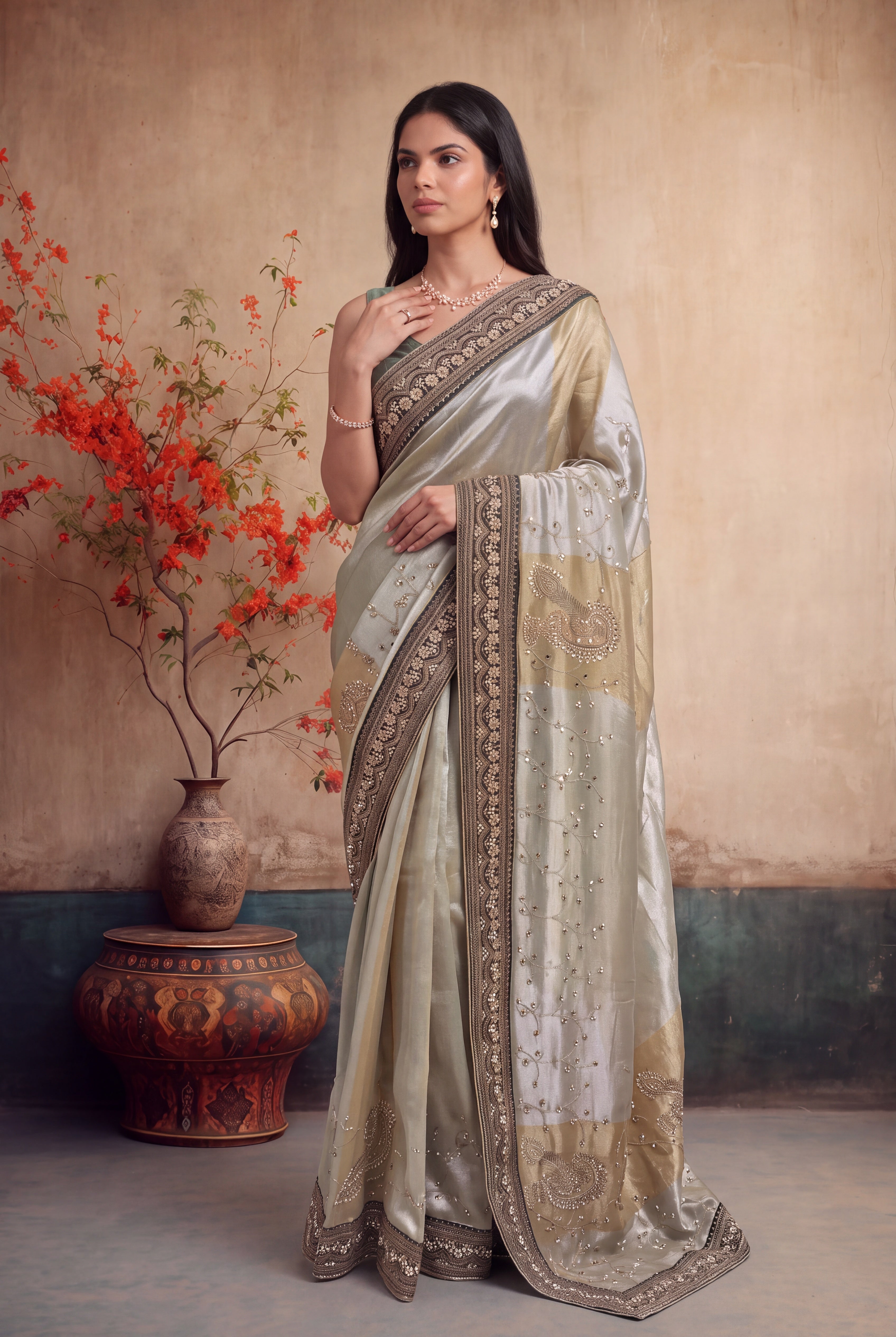 Pista Green & Gold Tissue Saree with Antique Border