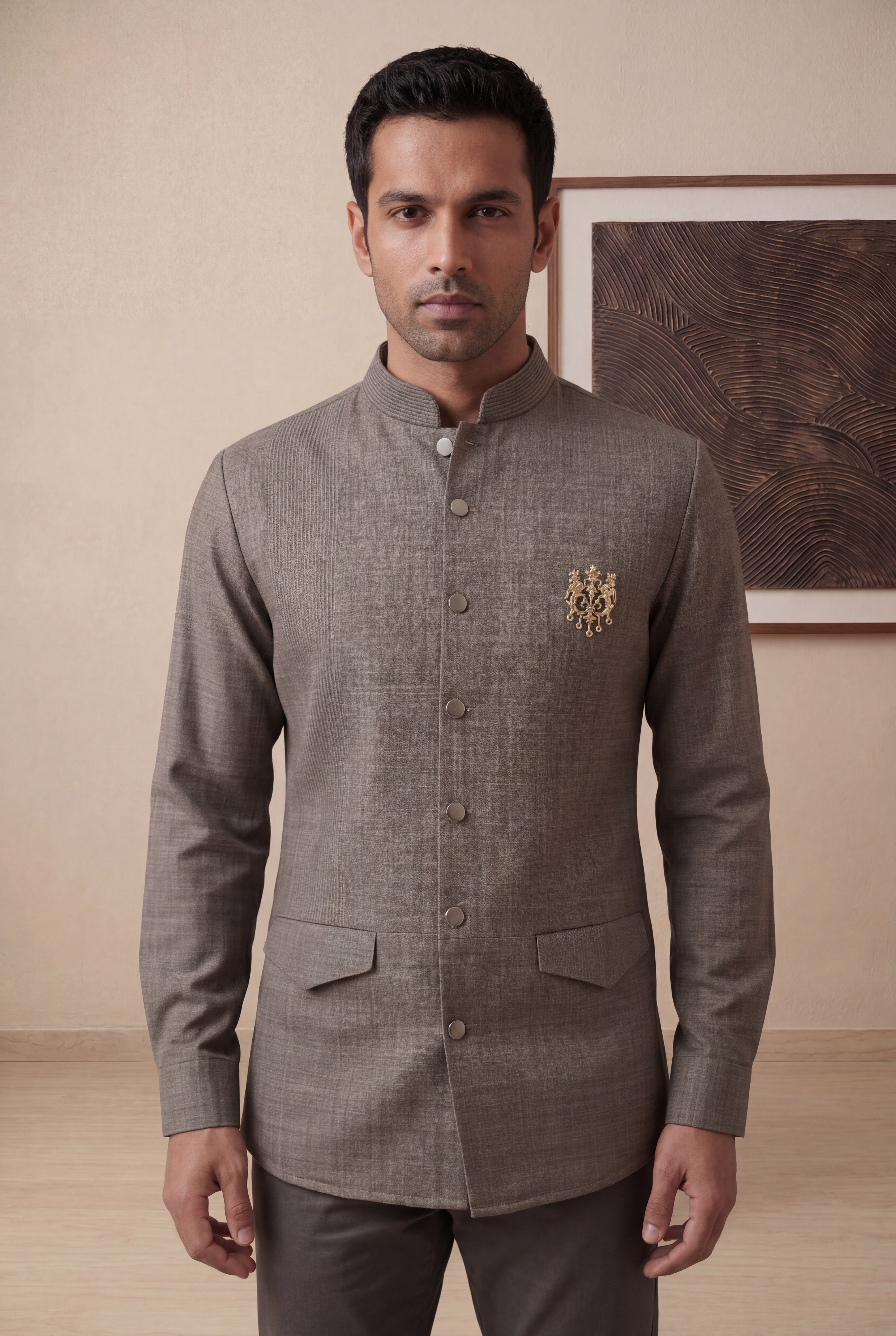 Olive Green Japanese Silk Mandarin Collar Shirt