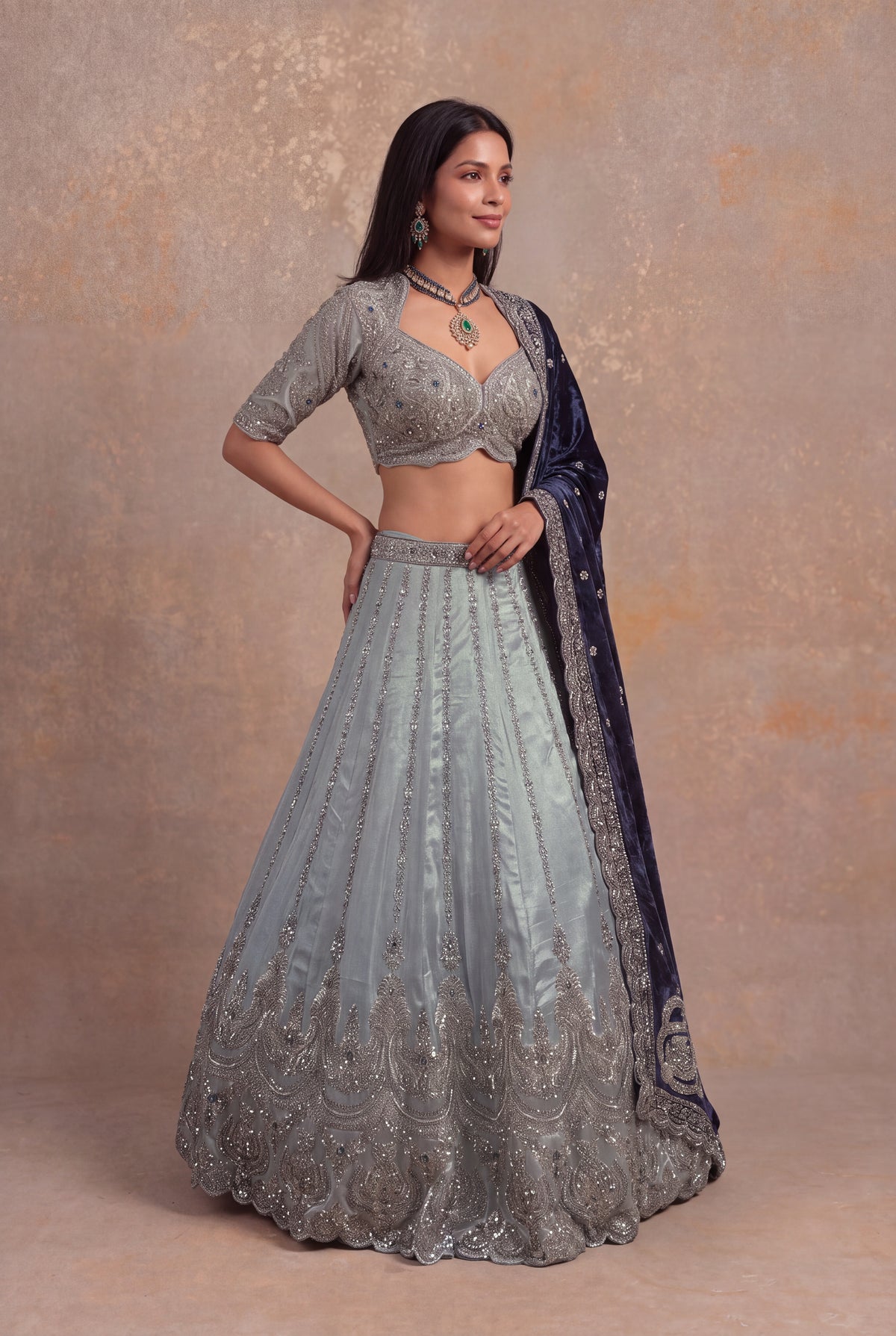 Ice Blue Shimmer Tissue Lehenga - Mokshaa