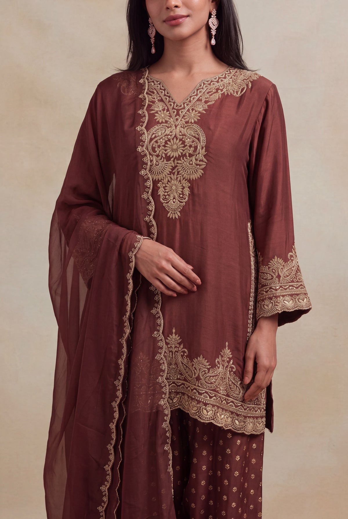 Brown Raw Silk Zardosi Indo-Western Set - Mokshaa