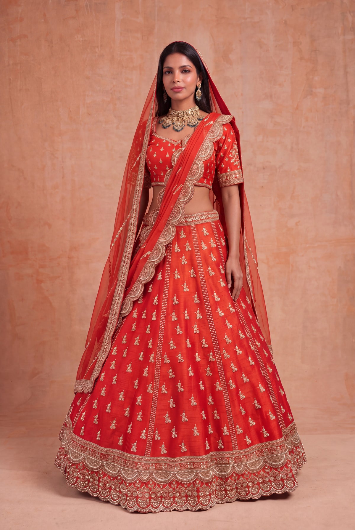 Rust Orange Raw Silk Lehenga - Mokshaa