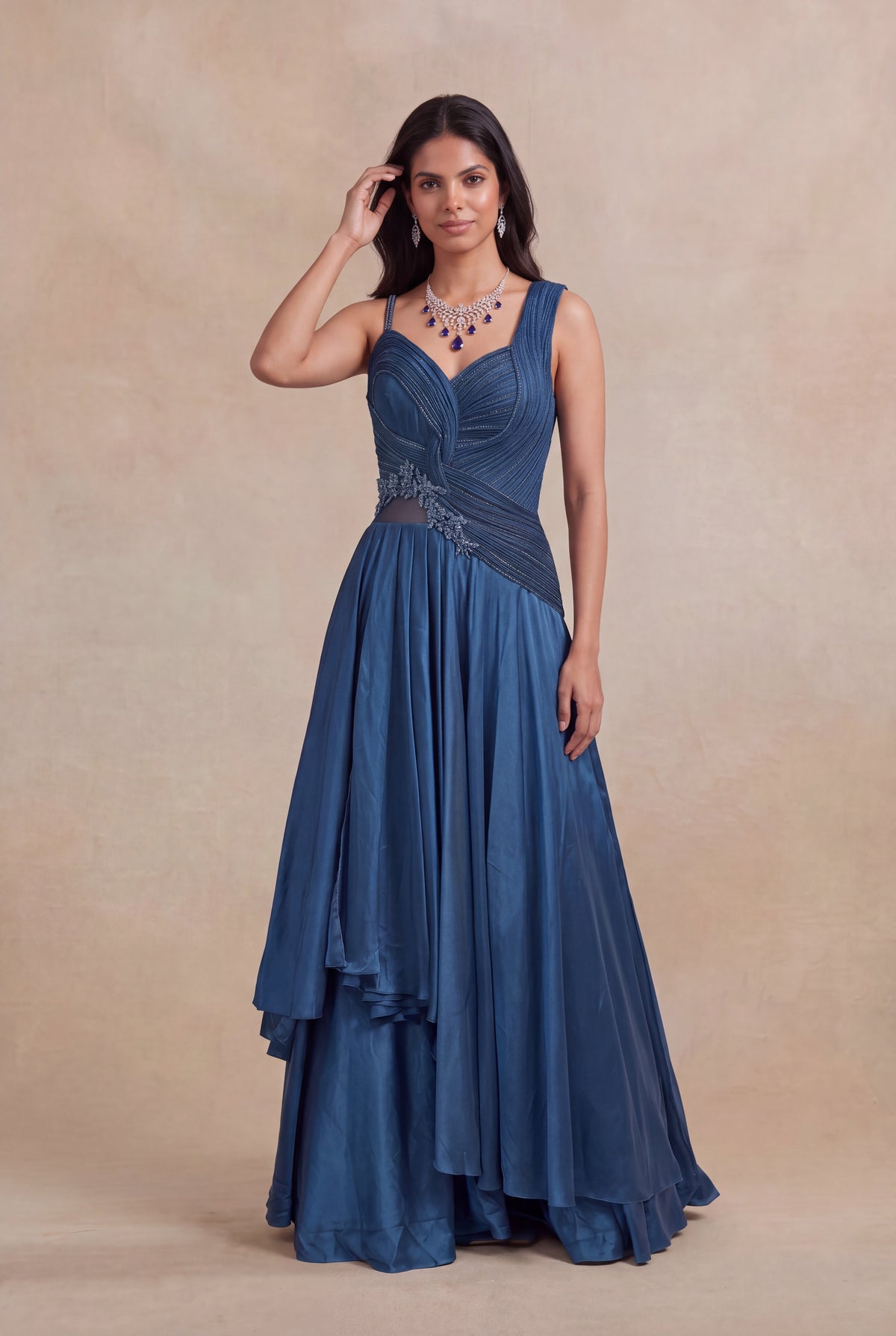Blue Draped Katdana & Stone Work Designer Gown - Mokshaa