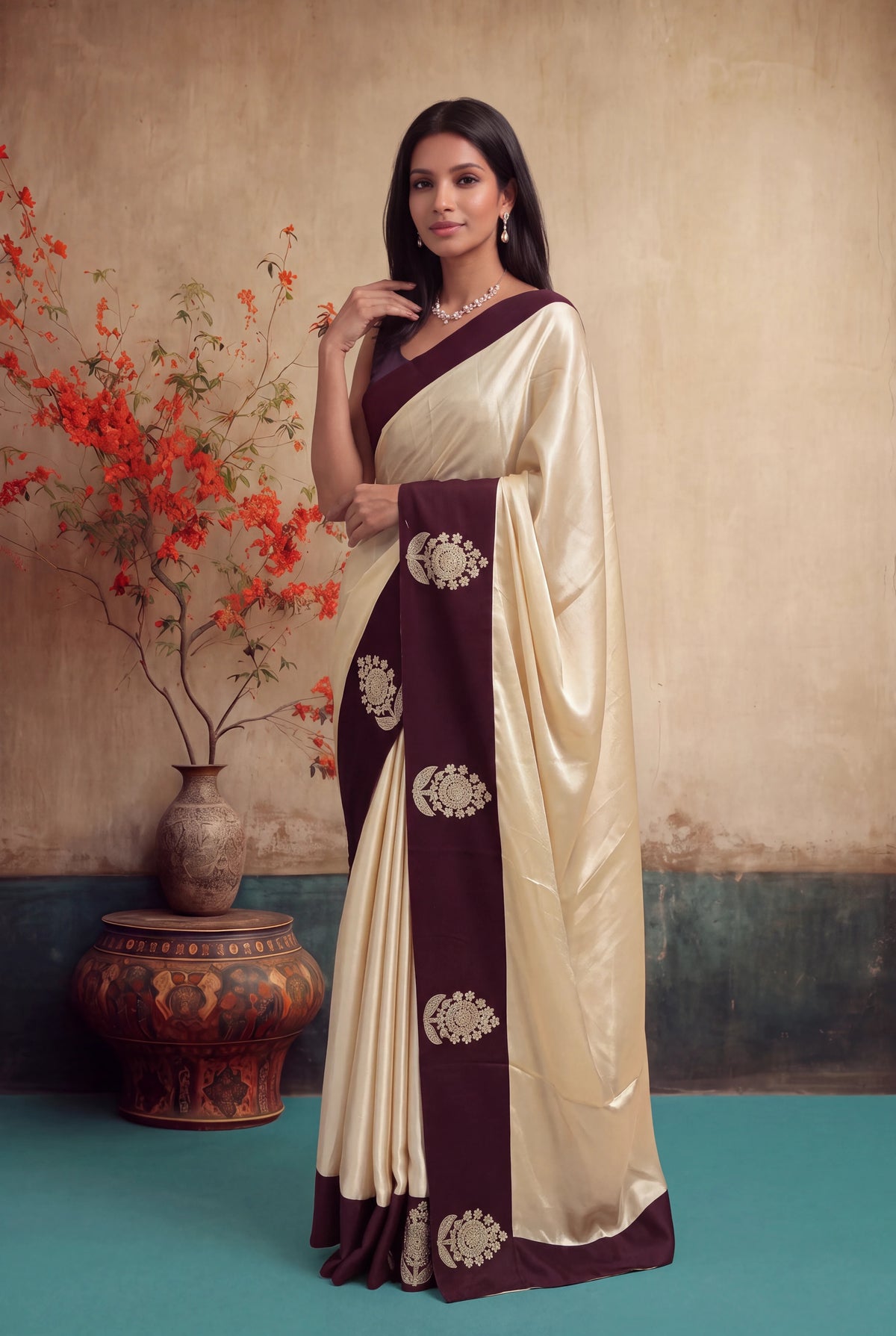 Ivory Crepe Silk Saree - Mokshaa