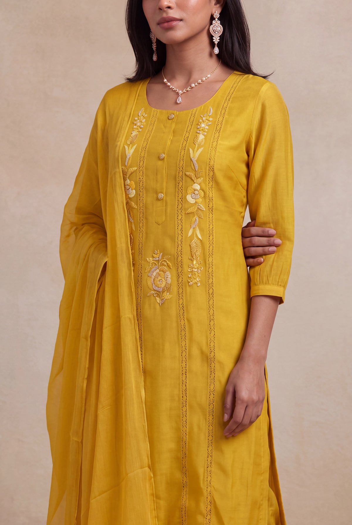 Mustard Yellow Mul Cotton Embroidered Salwar Set - Mokshaa
