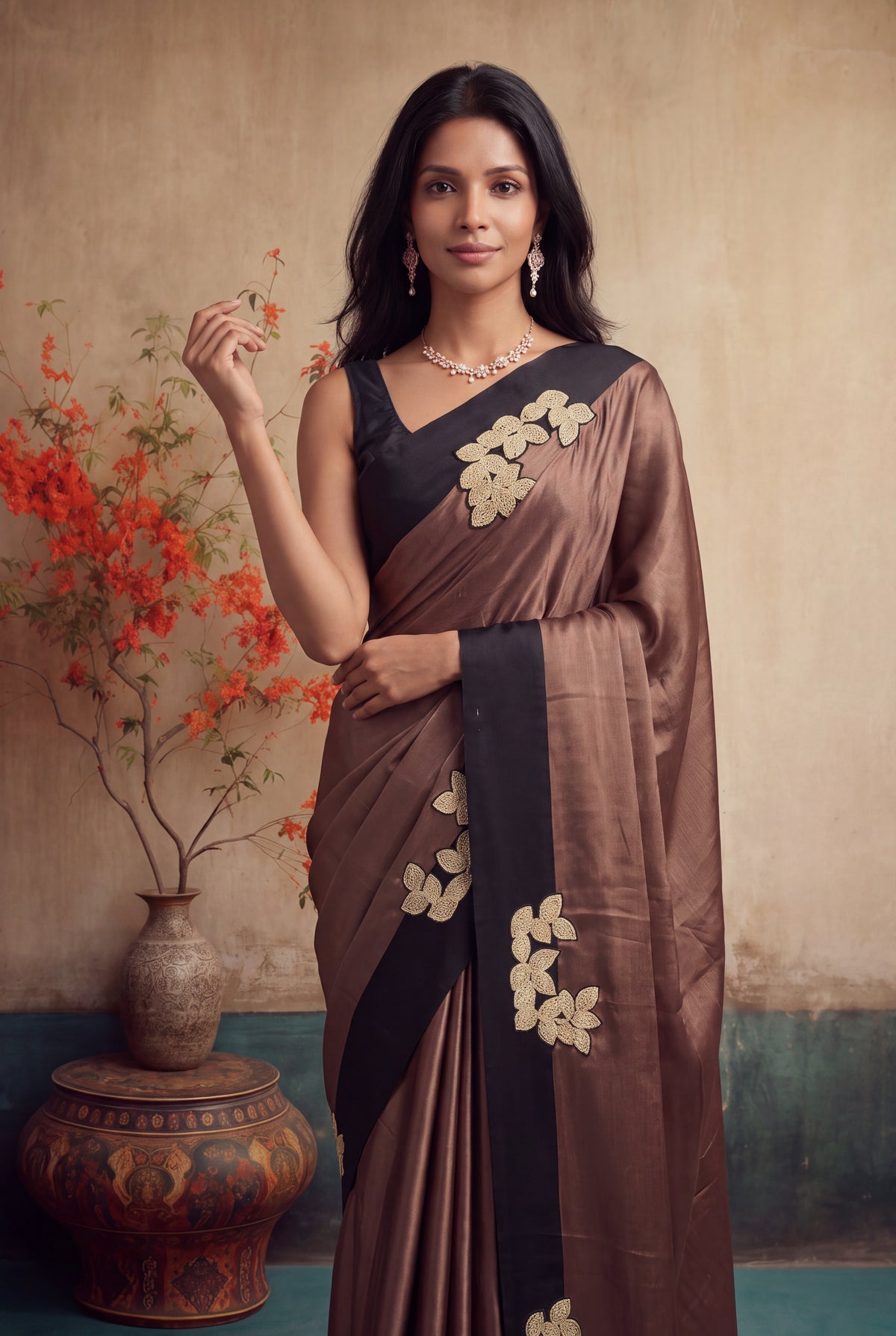 Mocha Brown Crepe Silk Saree - Mokshaa