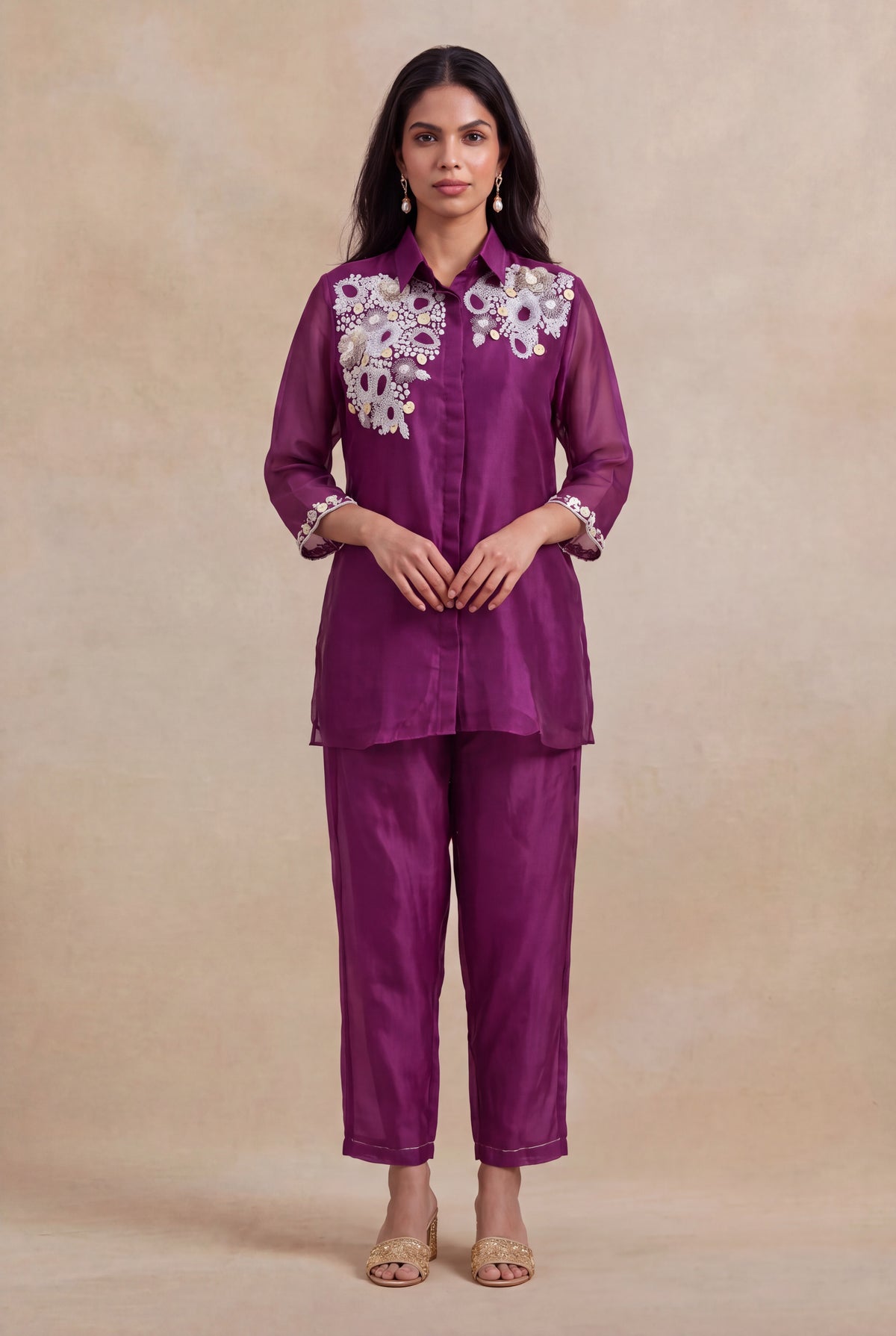 Wine Organza Co-ord Set - Mokshaa