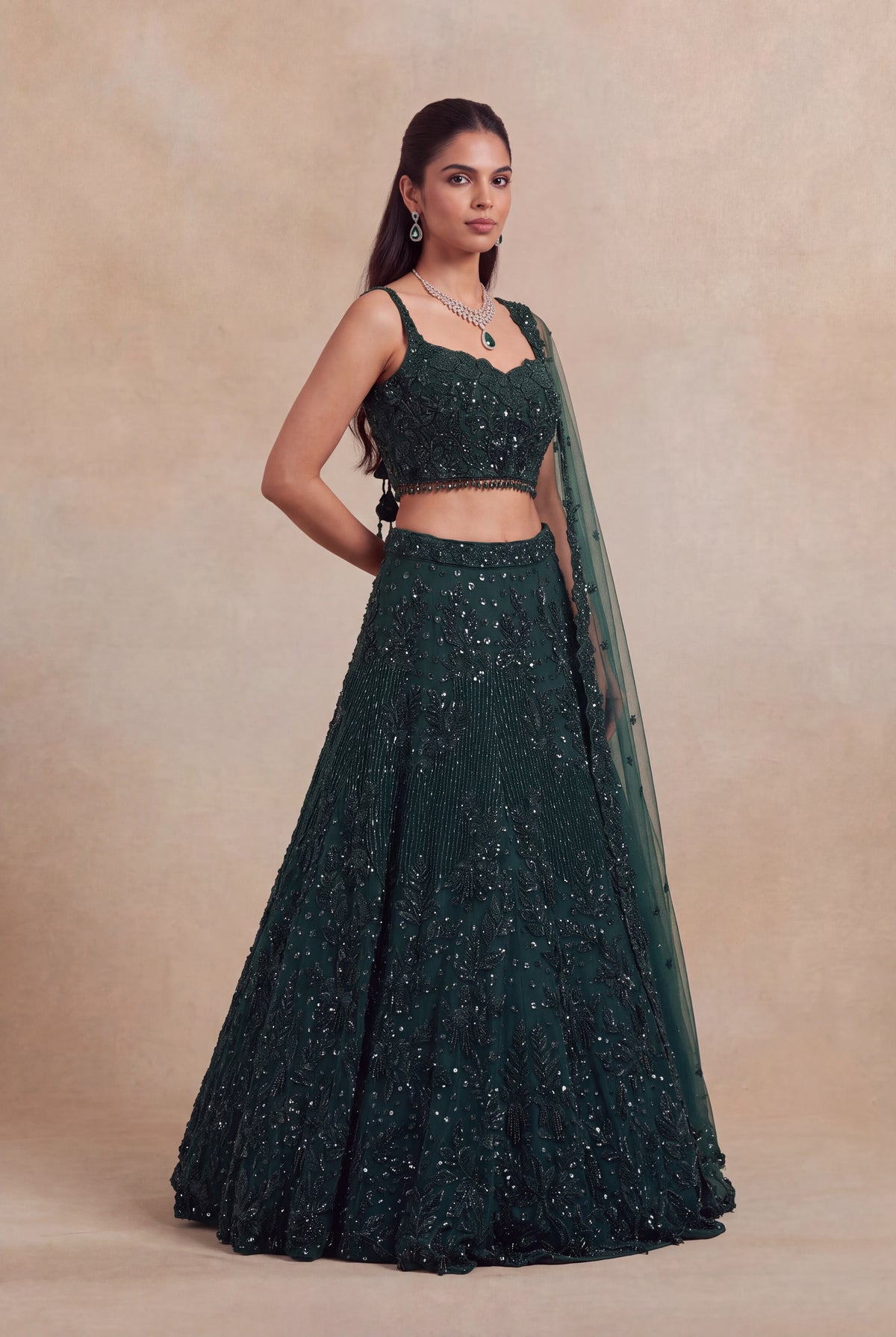 Bottle Green Net Lehenga with Sequin & Beadwork - Mokshaa
