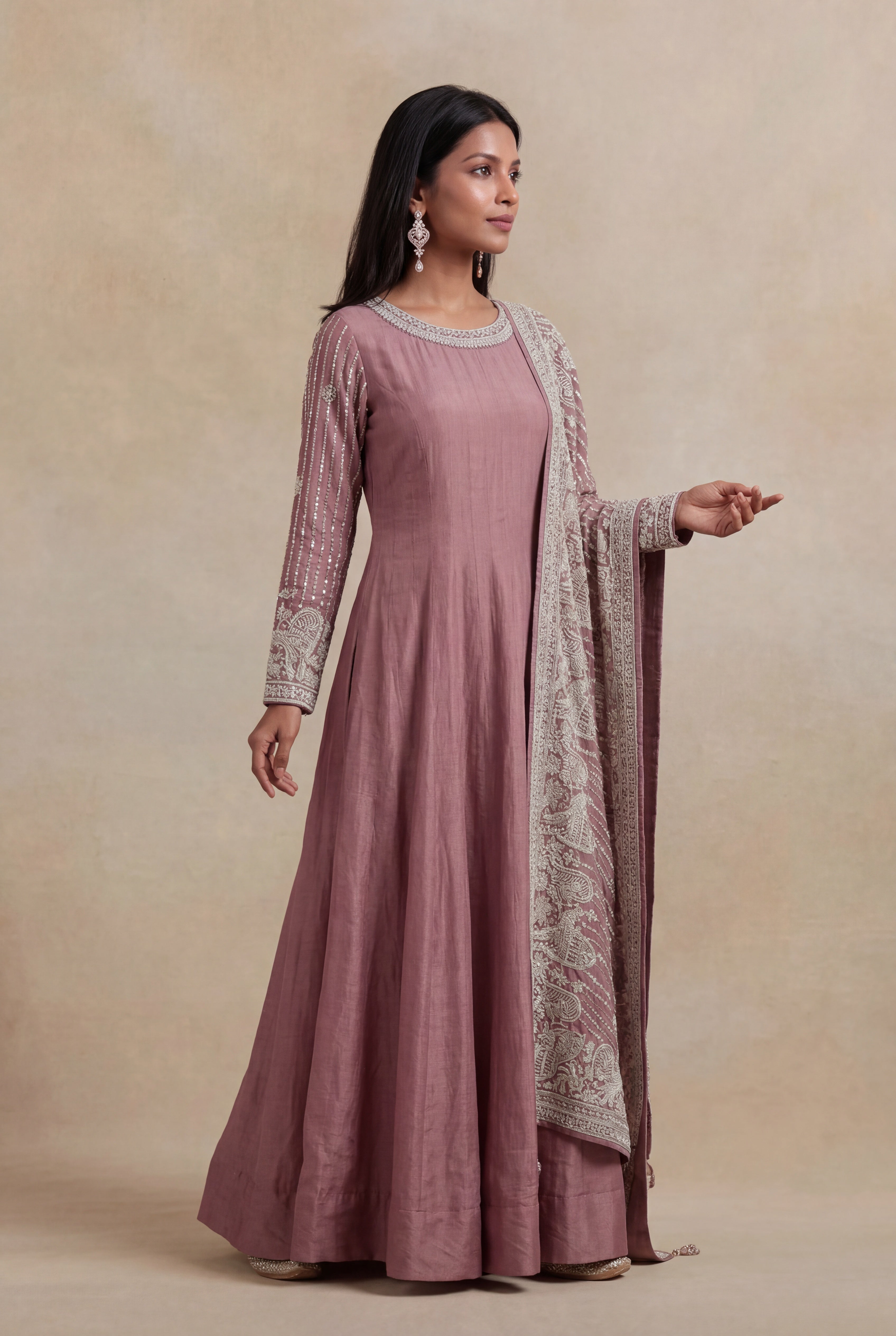 Dark Peach Grape Fabric Embroidered Anarkali Suit
