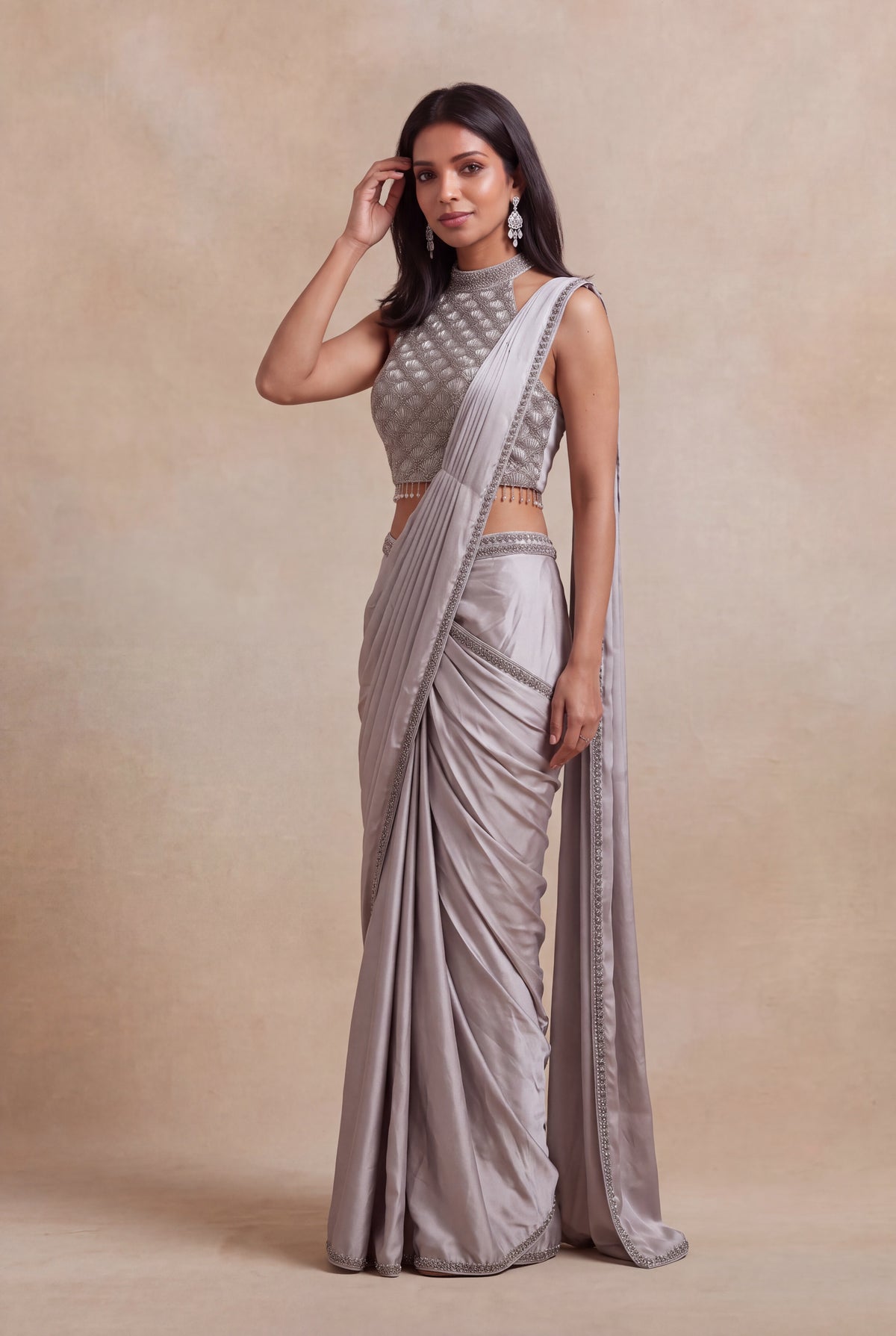 Silver Grey Satin Silk Ready-to-Wear Saree with Embellished Blouse - Mokshaa