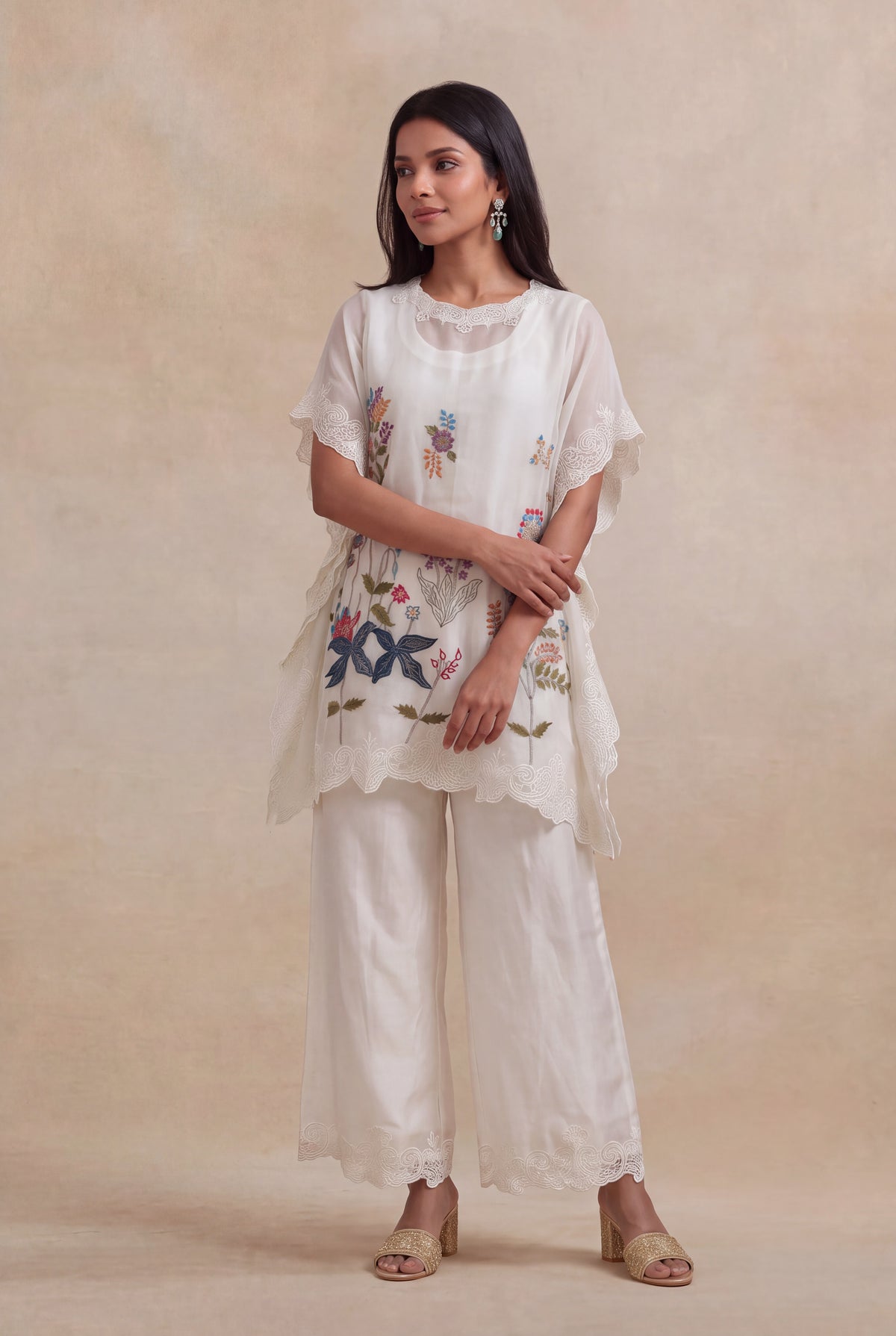 Ivory Organza Kaftan with Floral Thread Embroidery - Mokshaa