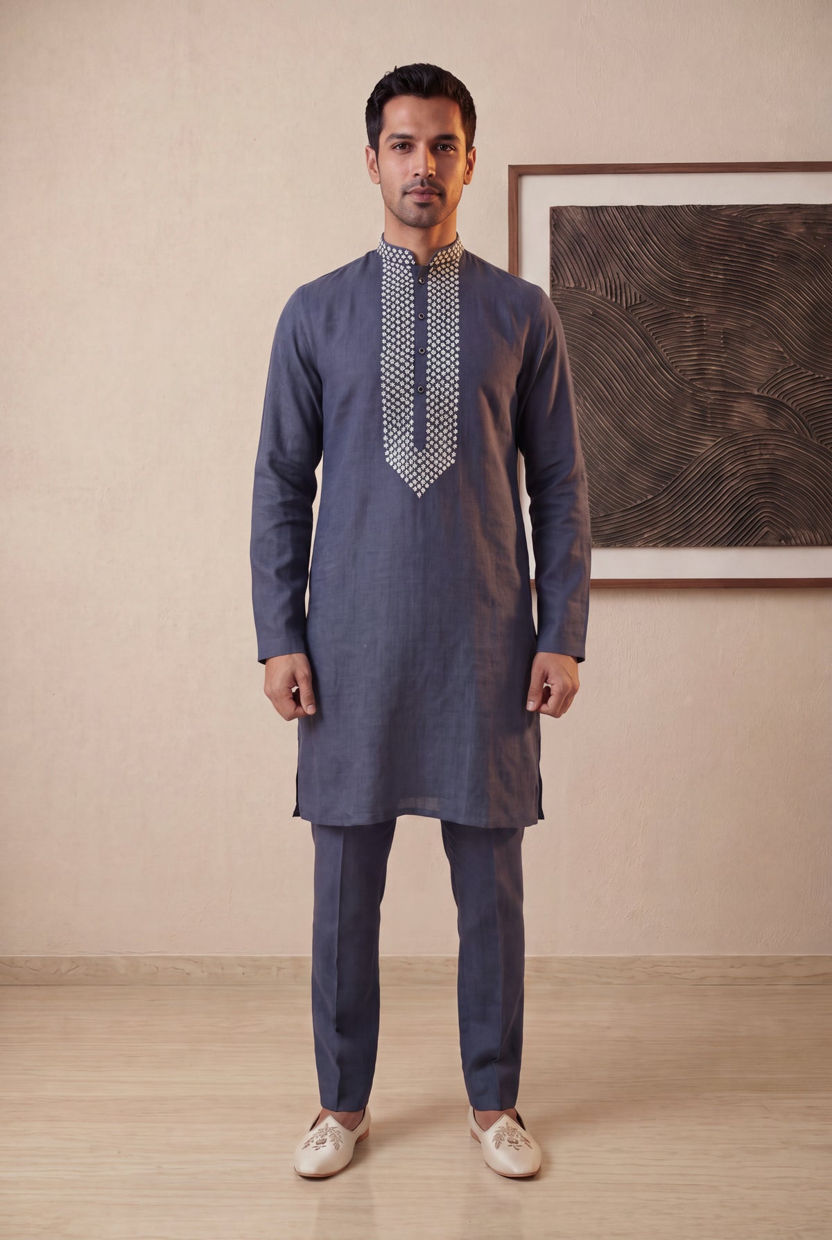 Grey Linen Kurta Pant Set - Mokshaa