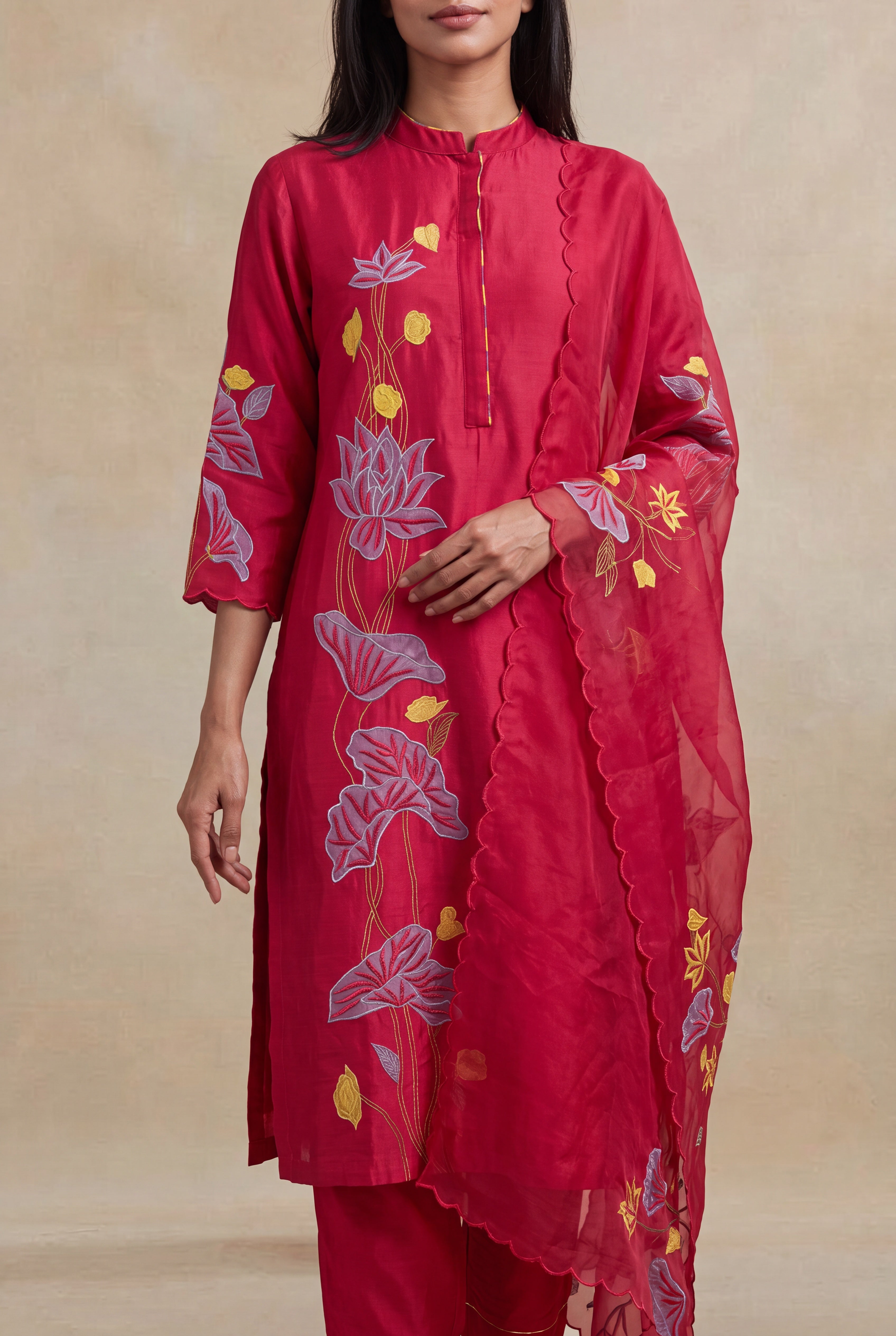 Red Chanderi Cotton Embroidered Straight-Cut Salwar Set
