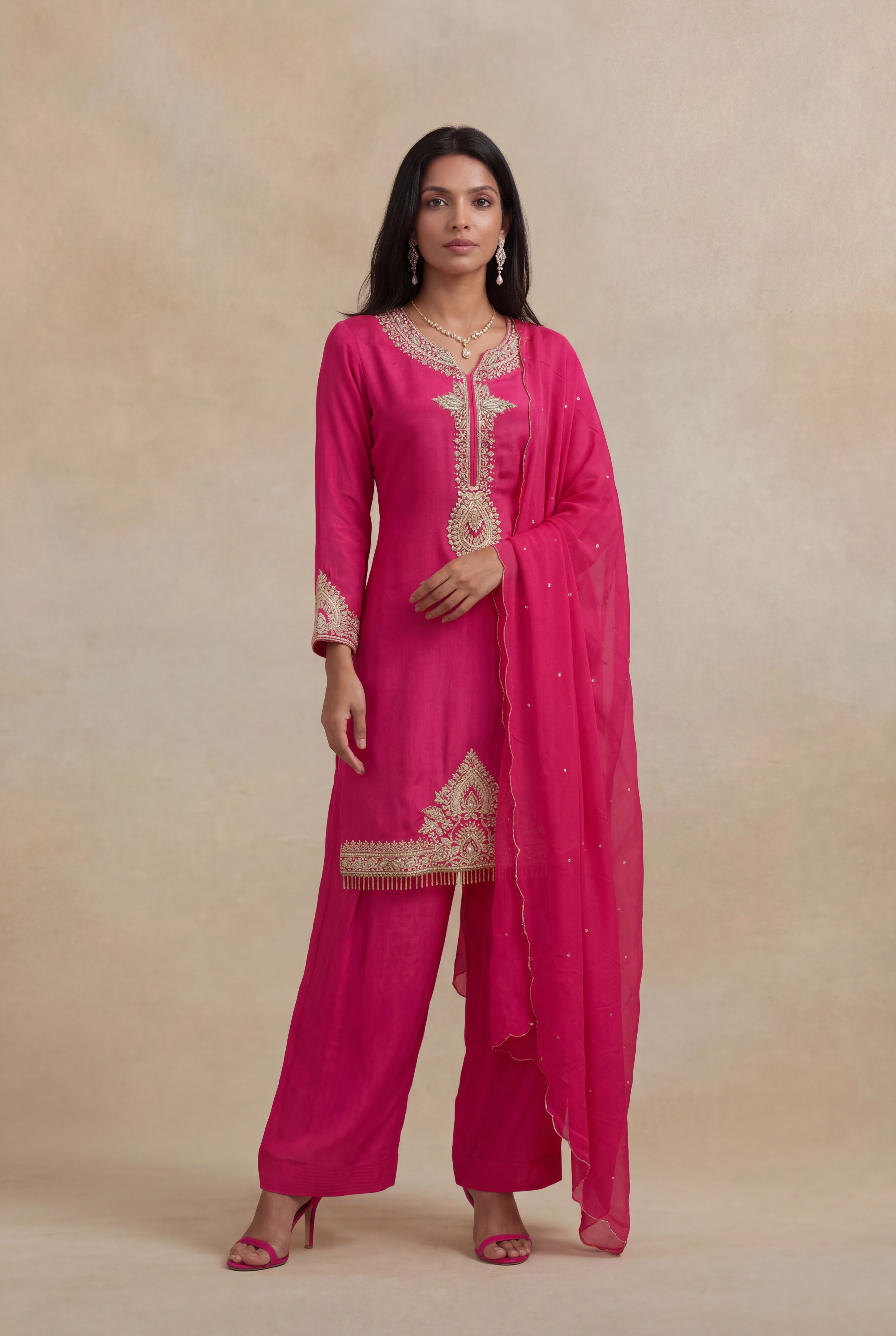 Rani Pink Crepe Embroidered Short Top Sharara Set
