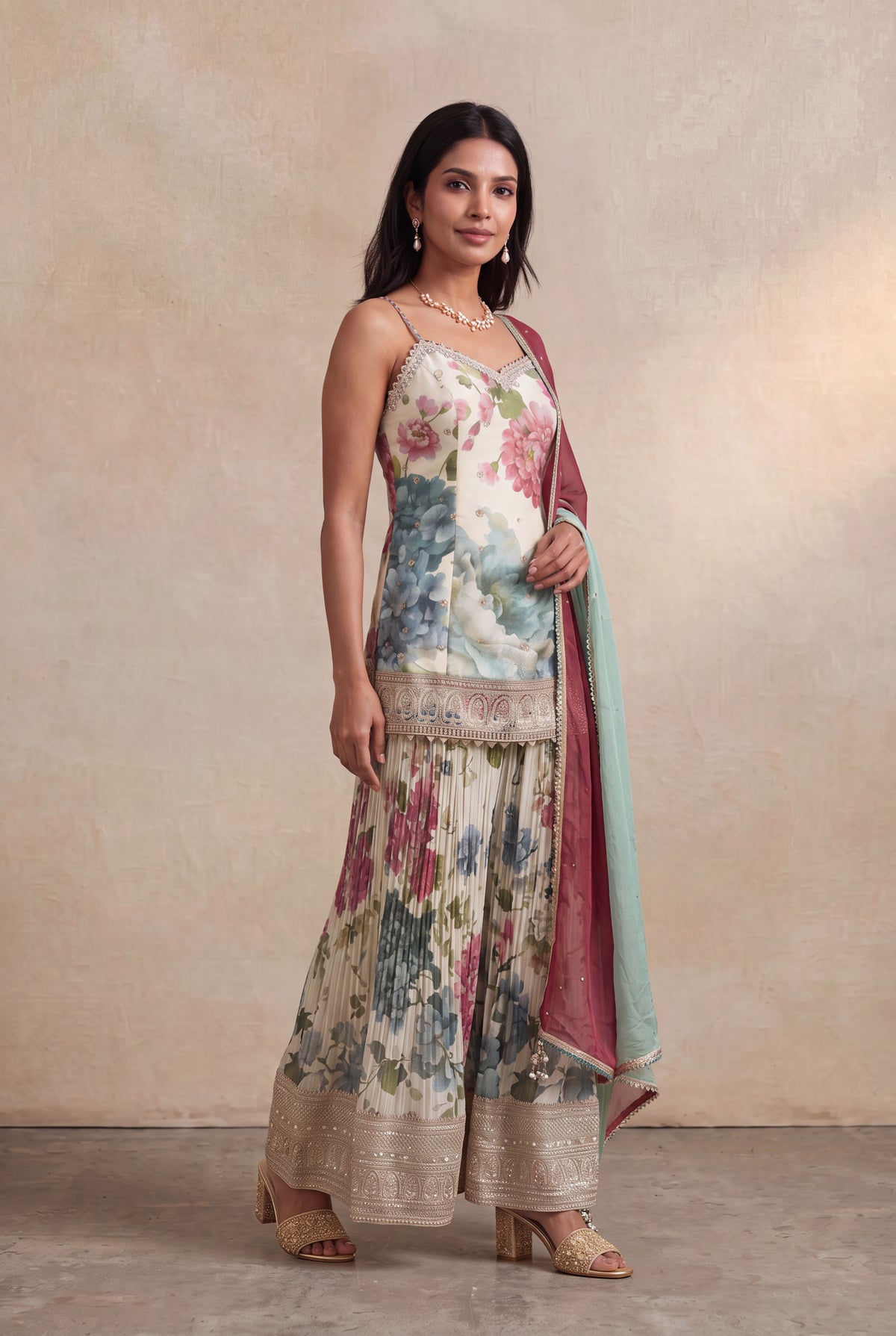 Ivory Floral Printed Tissue Sharara Set with Zari Border - Mokshaa