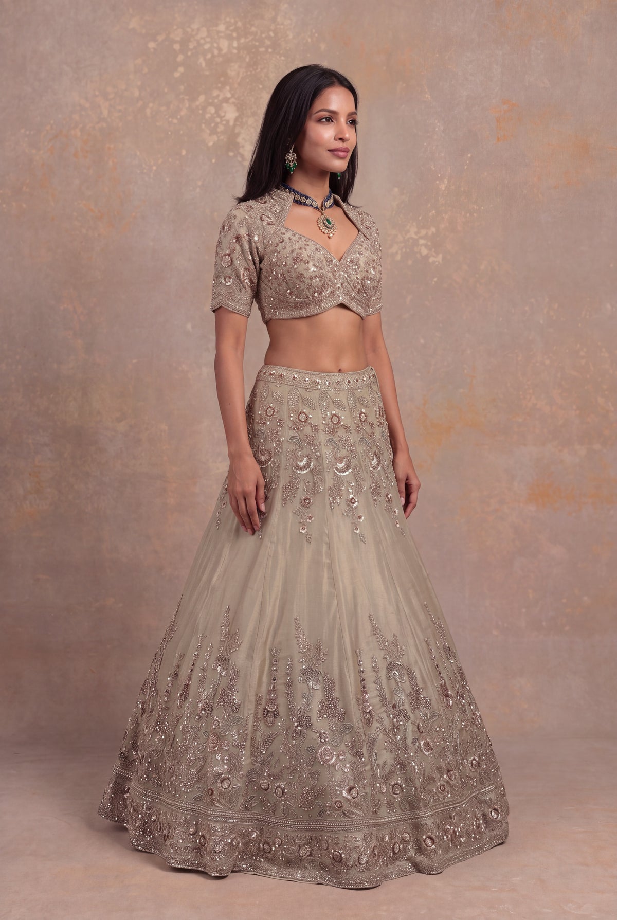 Champagne Shimmer Tissue Lehenga - Mokshaa