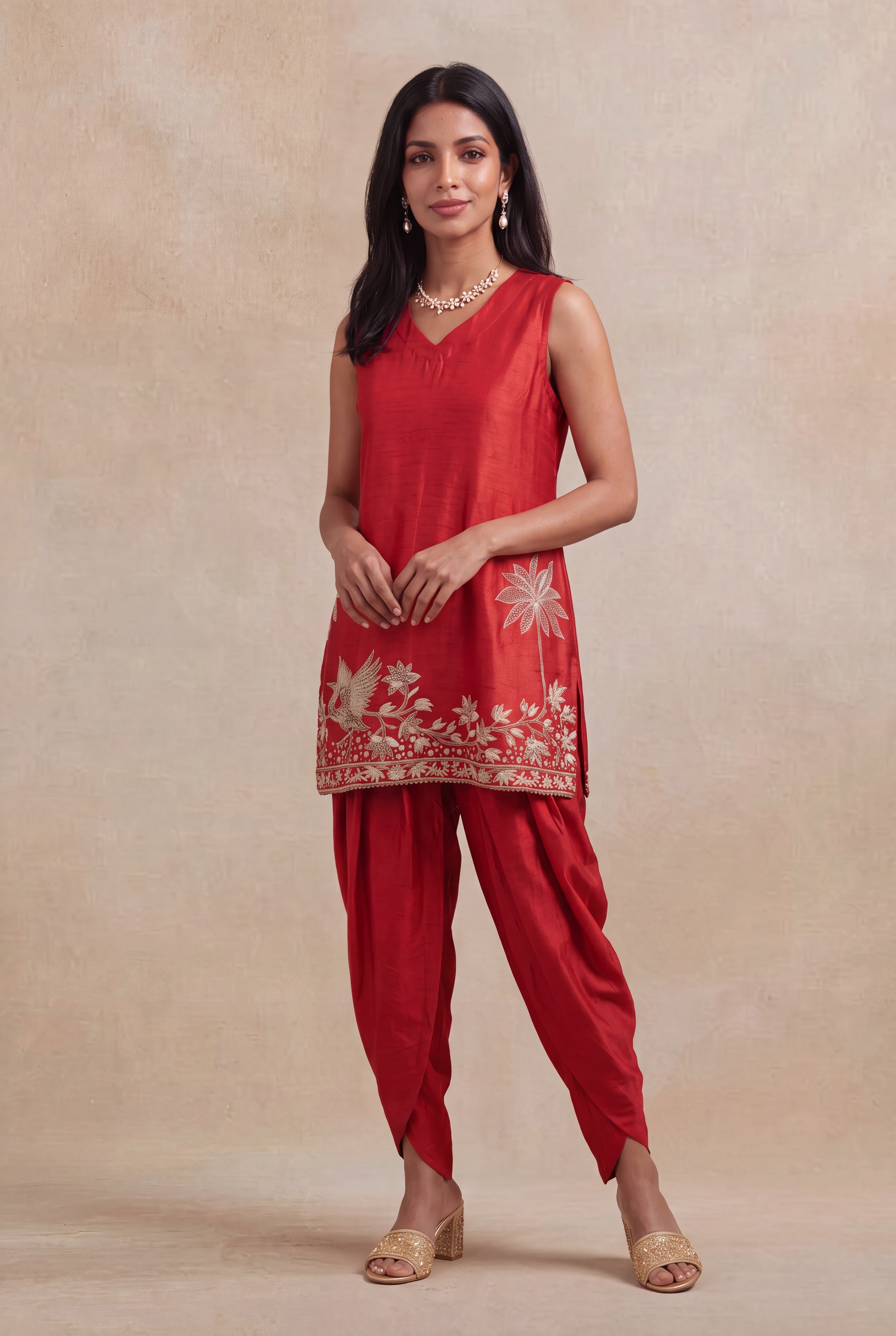 Red Raw Silk Indo-Western Dhoti Set