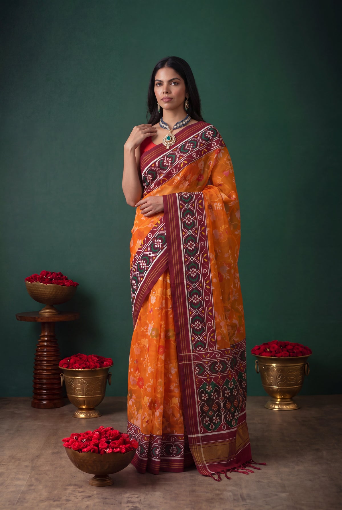Orange Kora Silk Jamdani Saree - Mokshaa