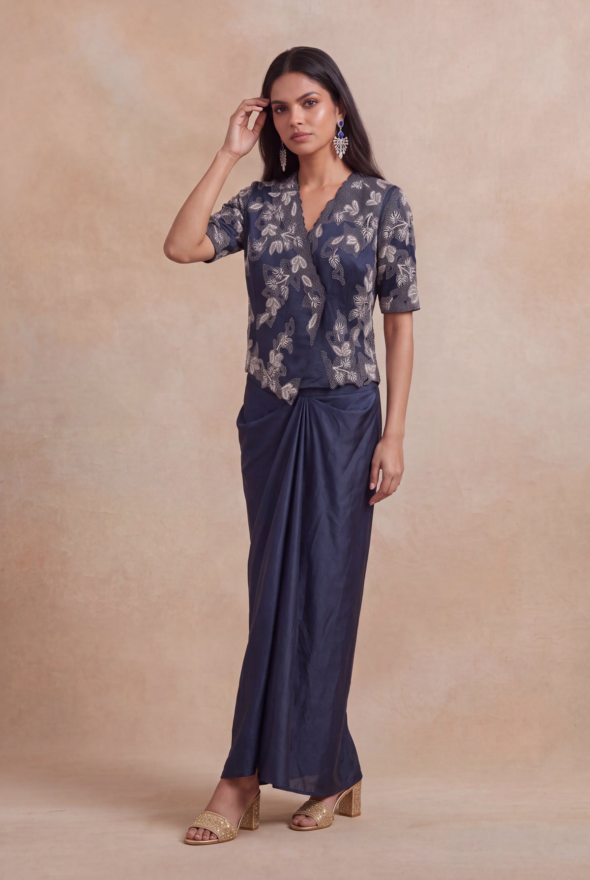 Navy Blue Satin Silk Indo-Western Set - Mokshaa