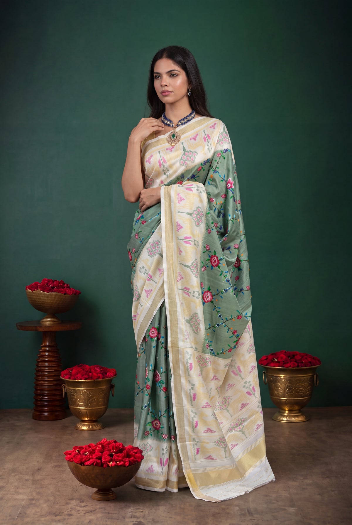Sage Green Twill Silk Patola Saree - Mokshaa