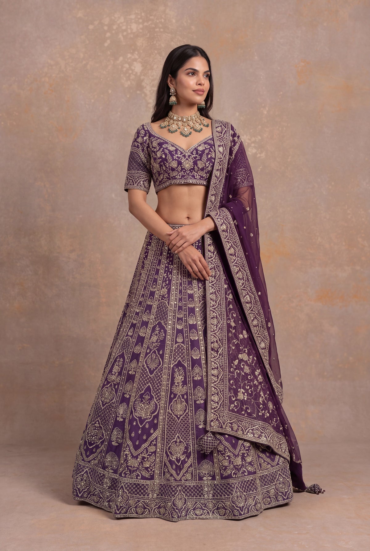 Plum Raw Silk Lehenga Set with Zardozi Embroidery - Mokshaa