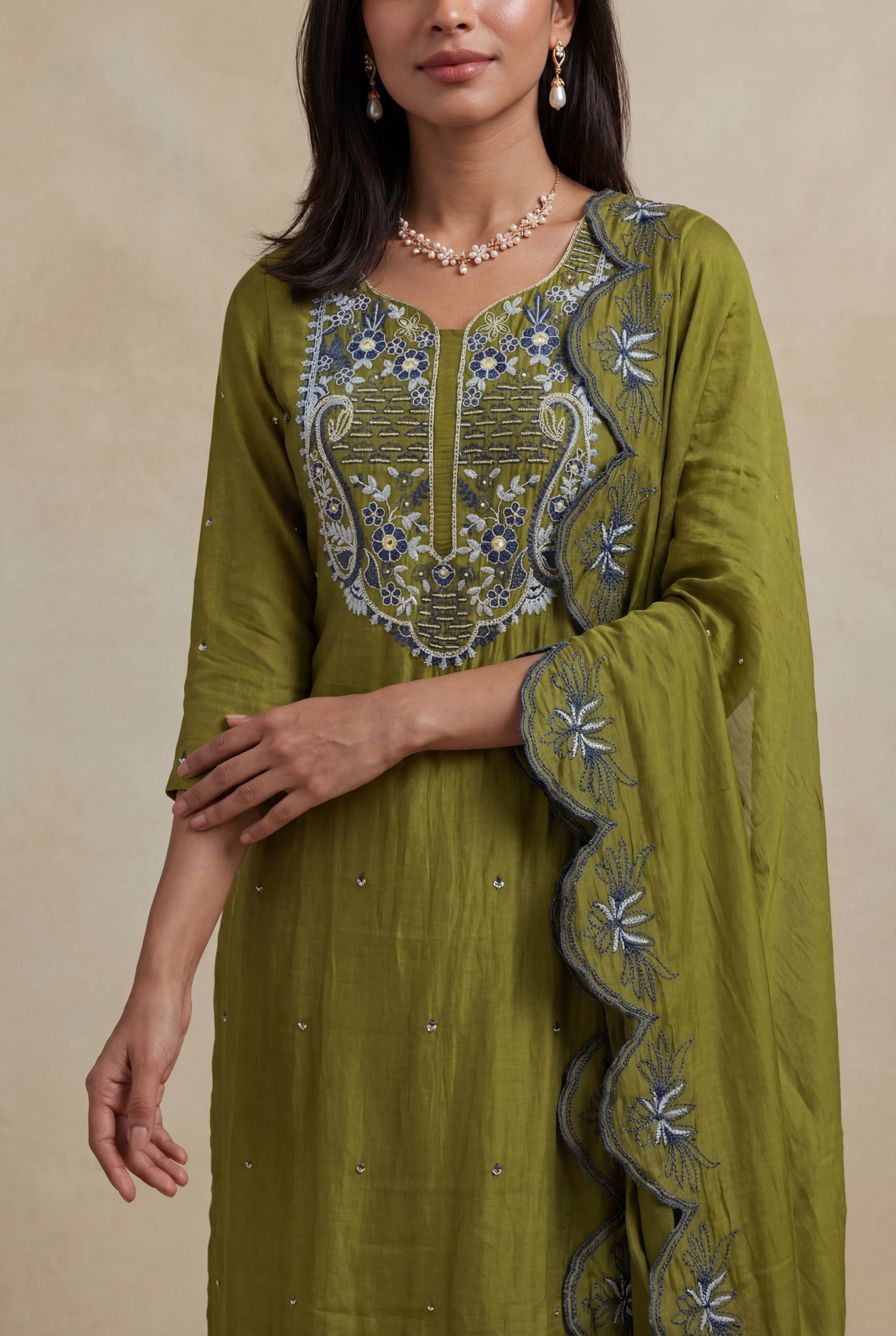 Olive Green Mulmul Cotton Straight Cut Salwar Set