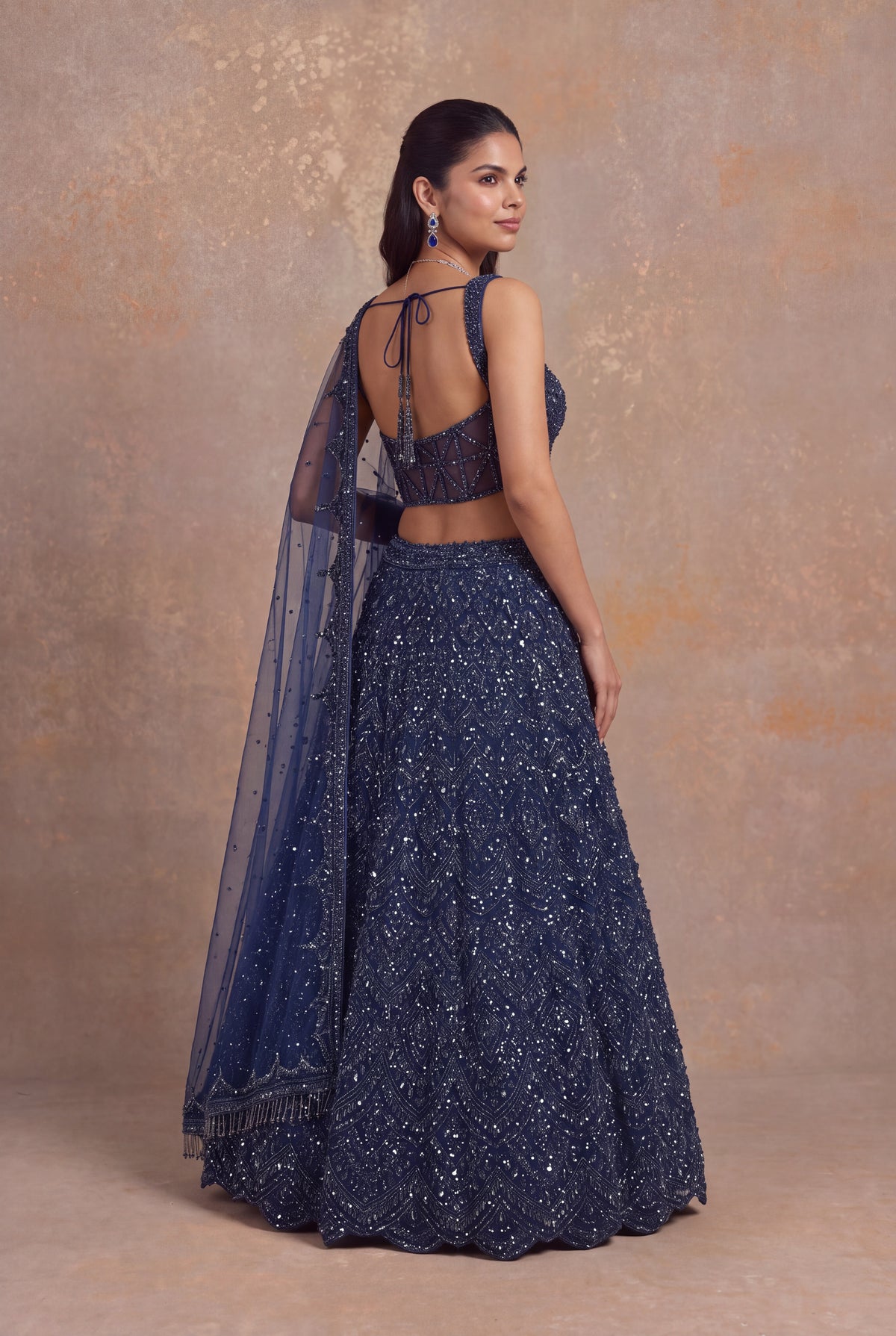Navy Blue Net Corset Lehenga - Mokshaa