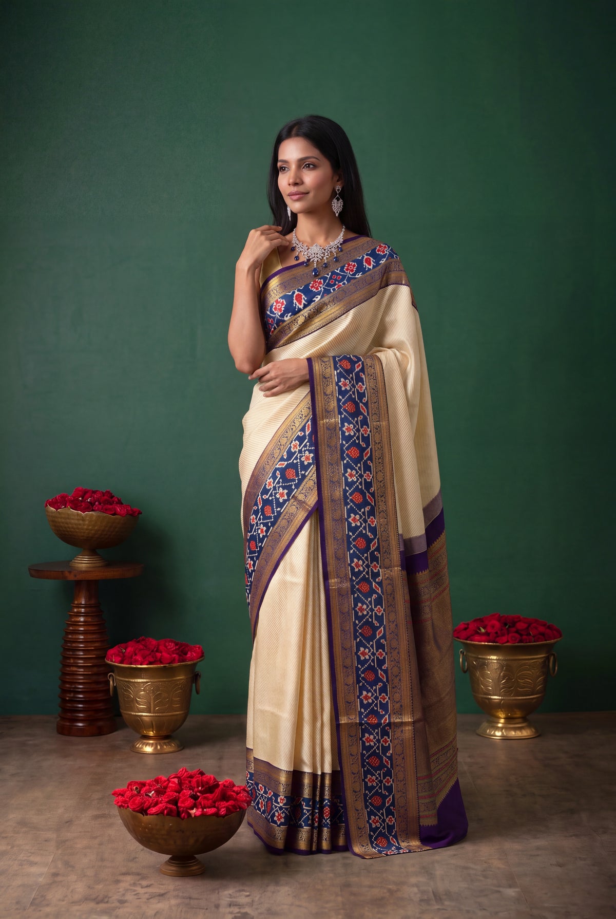 Light Gold Kanchivaram Silk Fusion Saree - Mokshaa