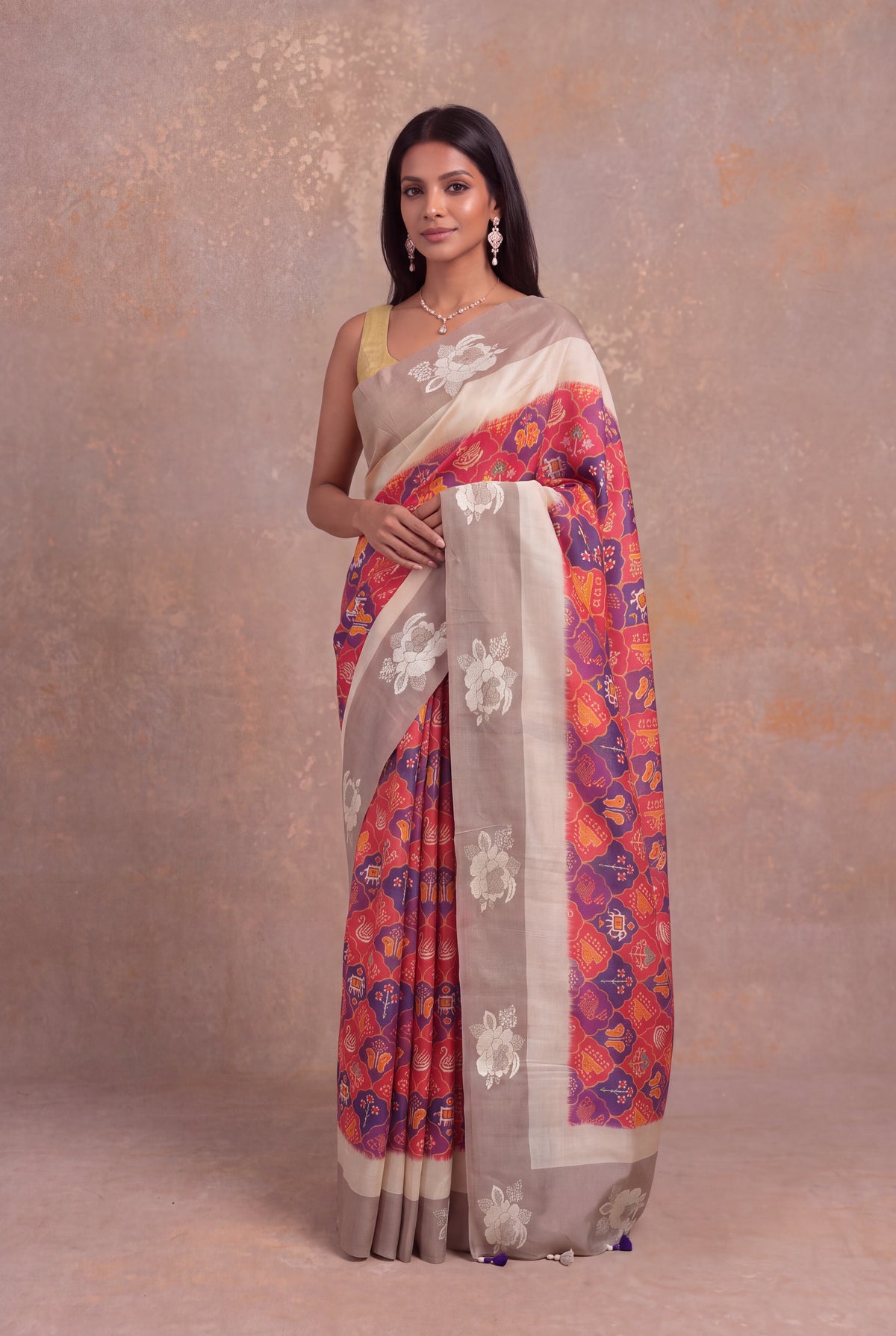 Multicolour Tussar Silk Saree with Ikkat Print - Mokshaa