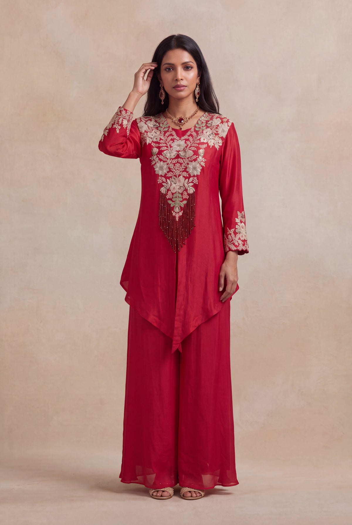 Red Raw Silk Zardosi Indo-Western Palazzo Set - Mokshaa