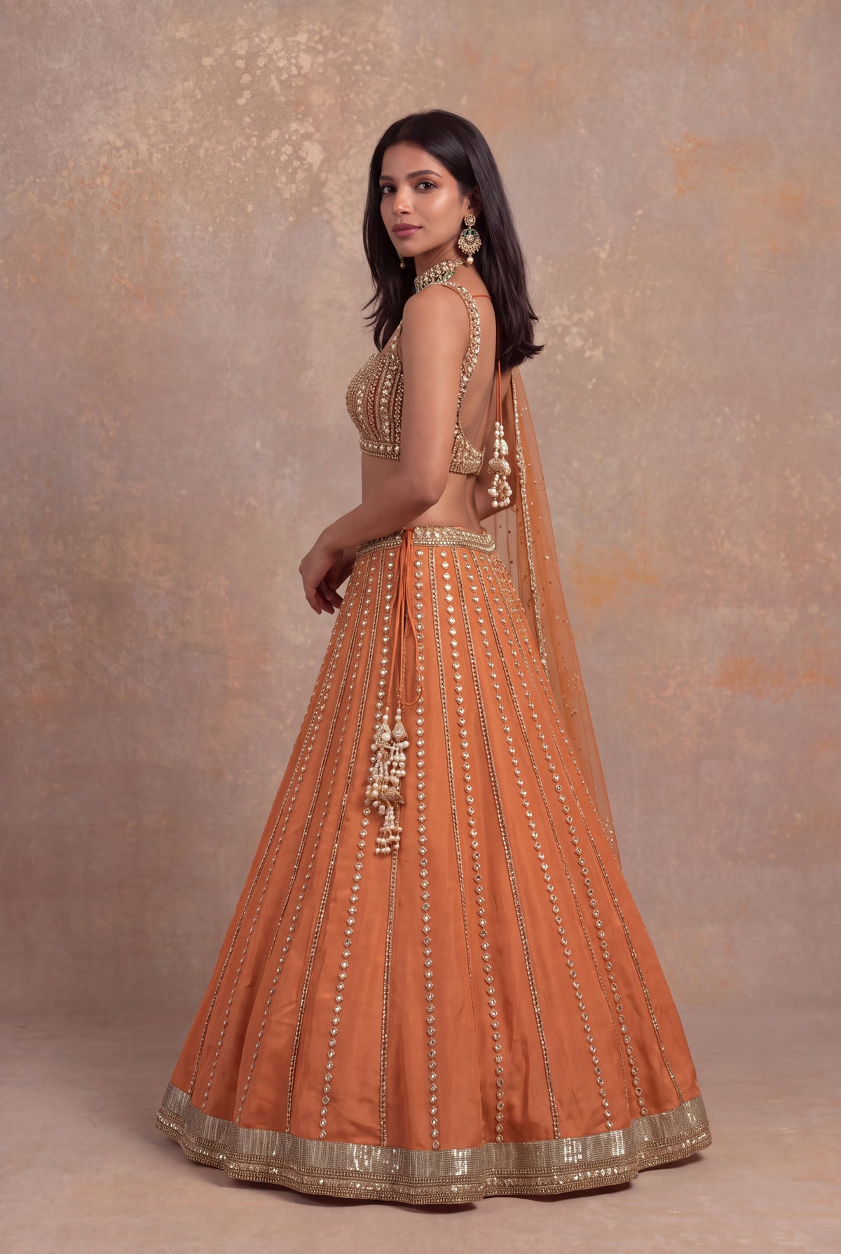 Gold Orange Tissue Lehenga Set with Sequin and Stone Work - Mokshaa
