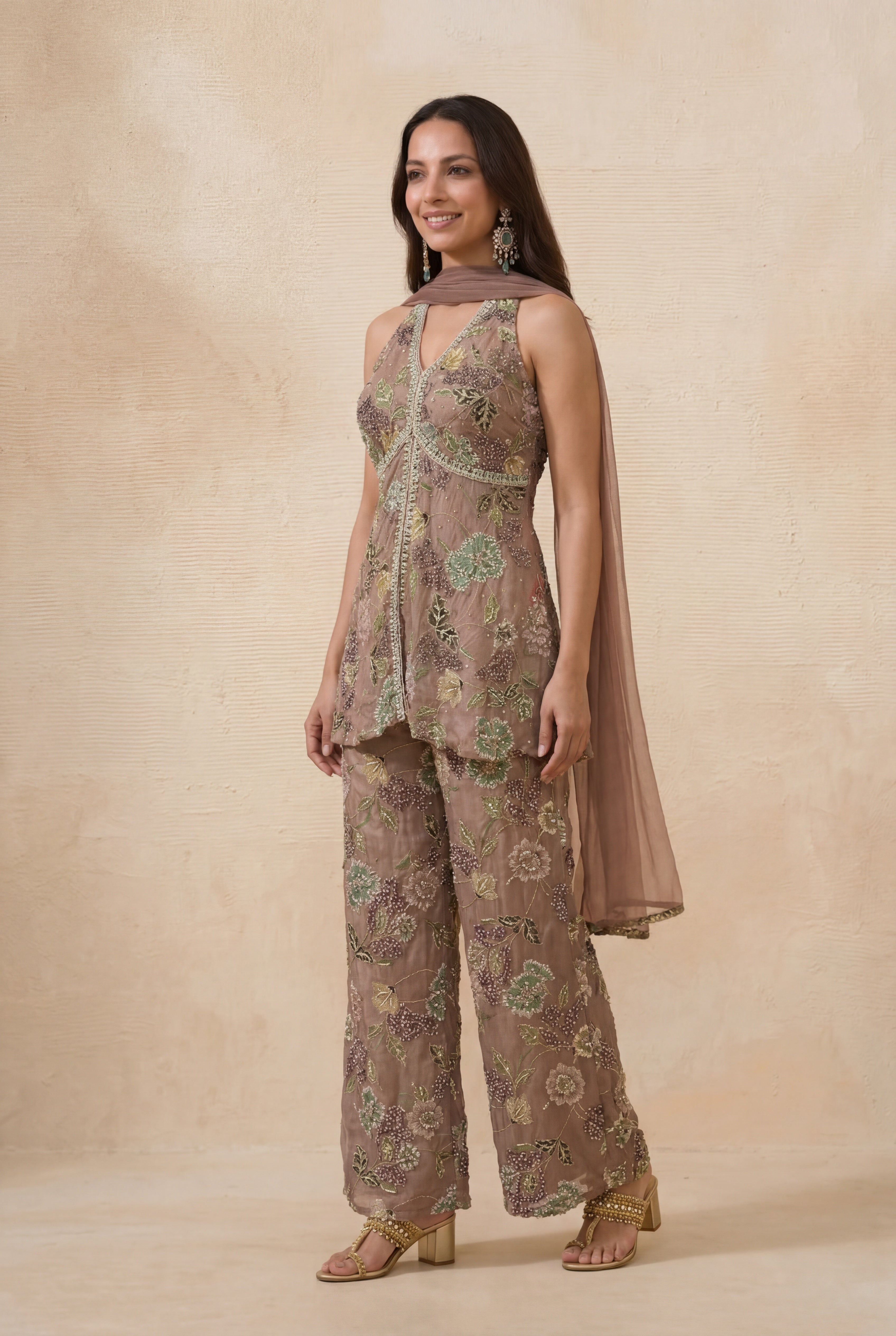 Mauve Floral Crepe Indo-Western Set