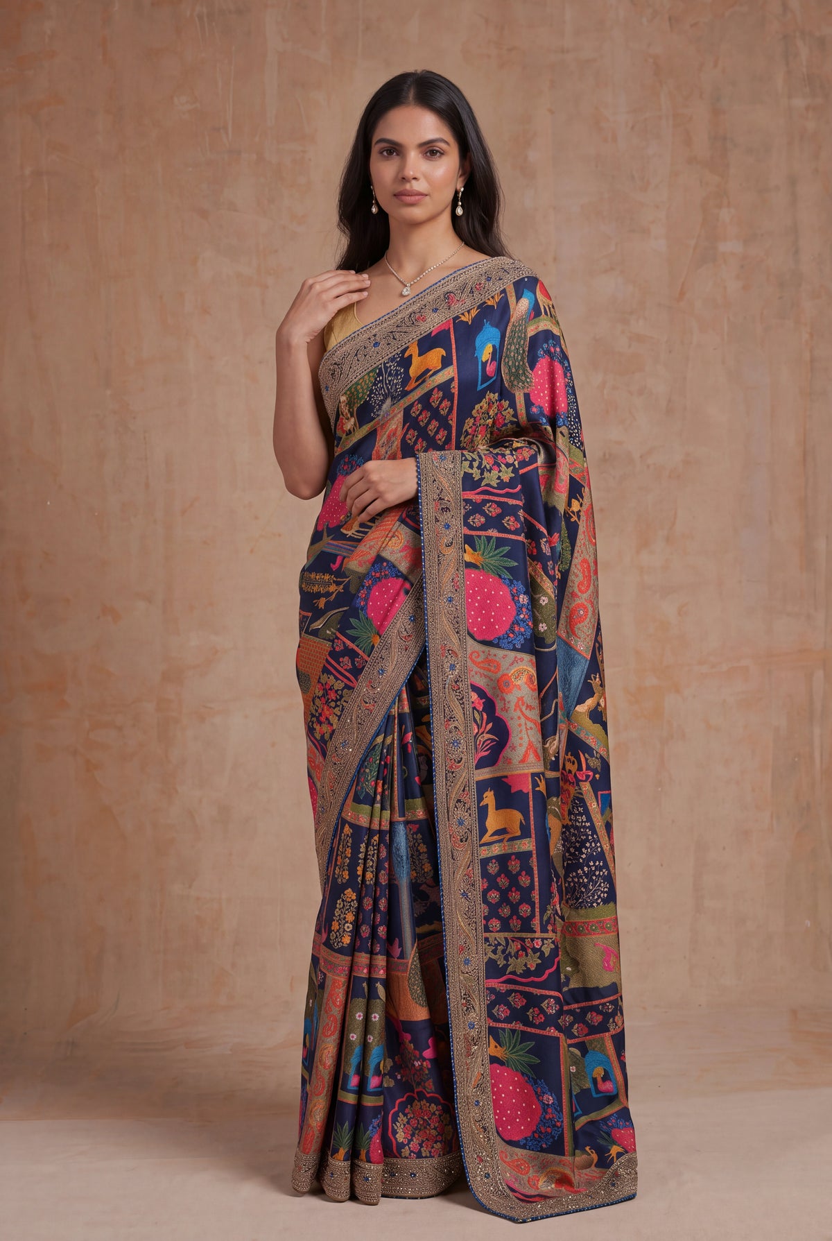 Navy Blue Digital Print Satin Saree - Mokshaa