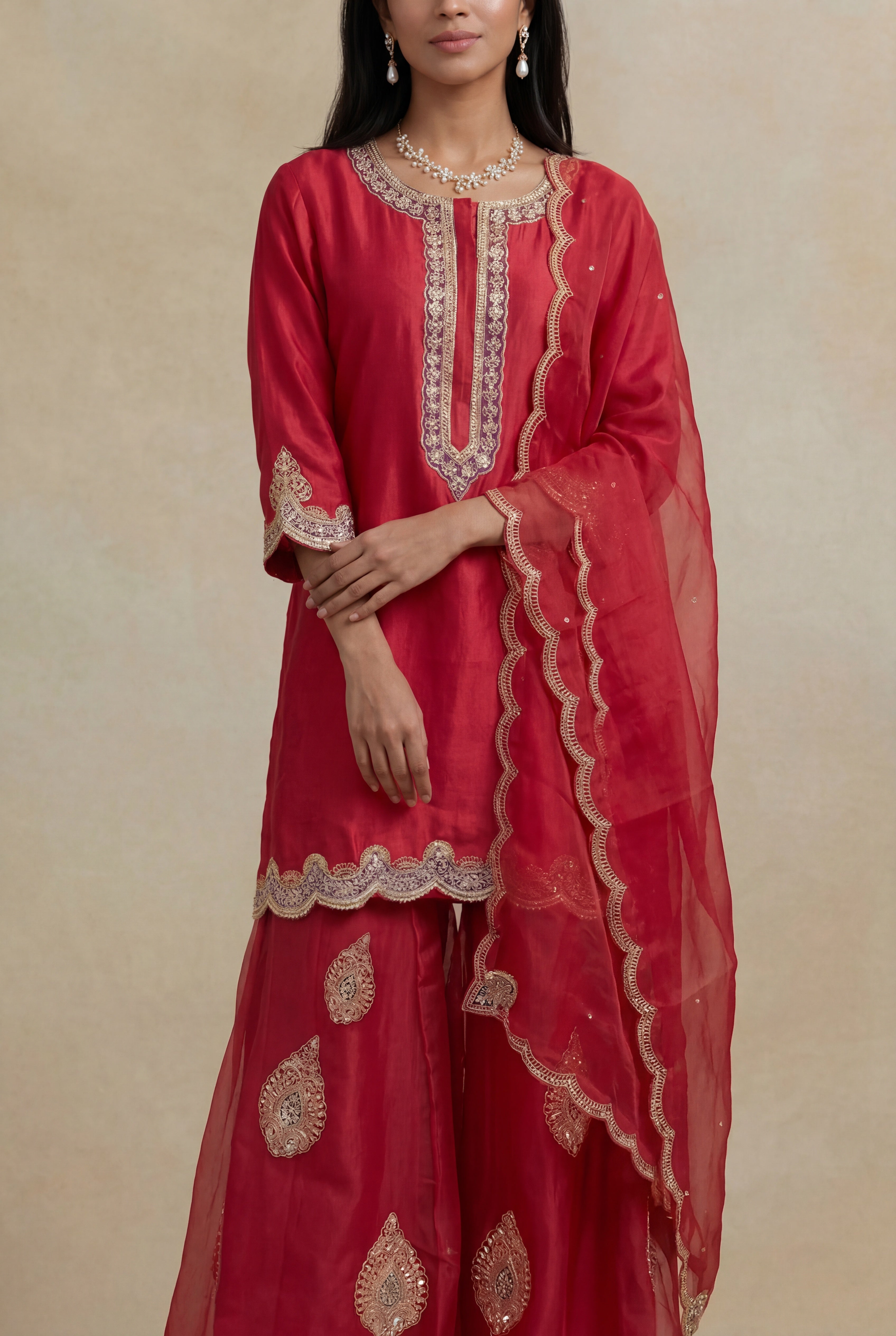 Ruby Red Silk Indo-Western Kurta Set