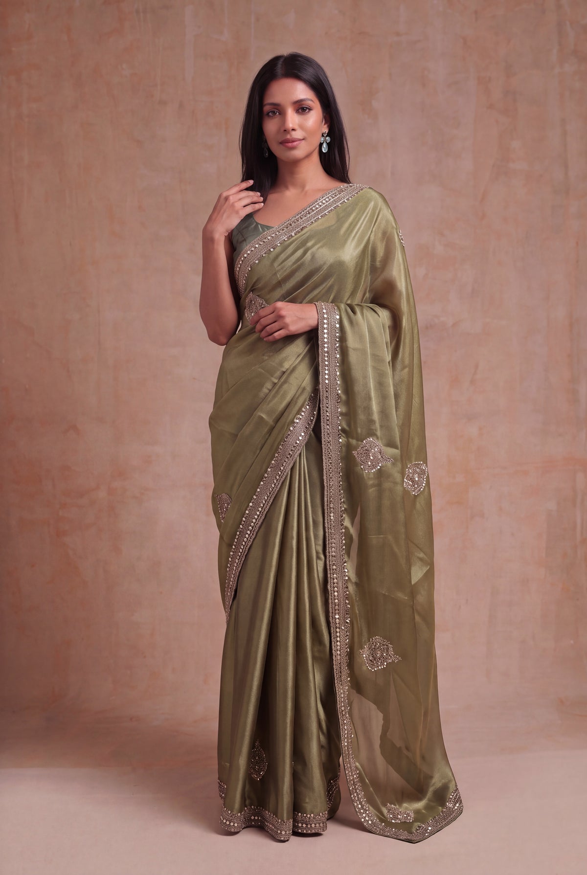 Olive Green Organza Saree with Gold Embellishments - Mokshaa