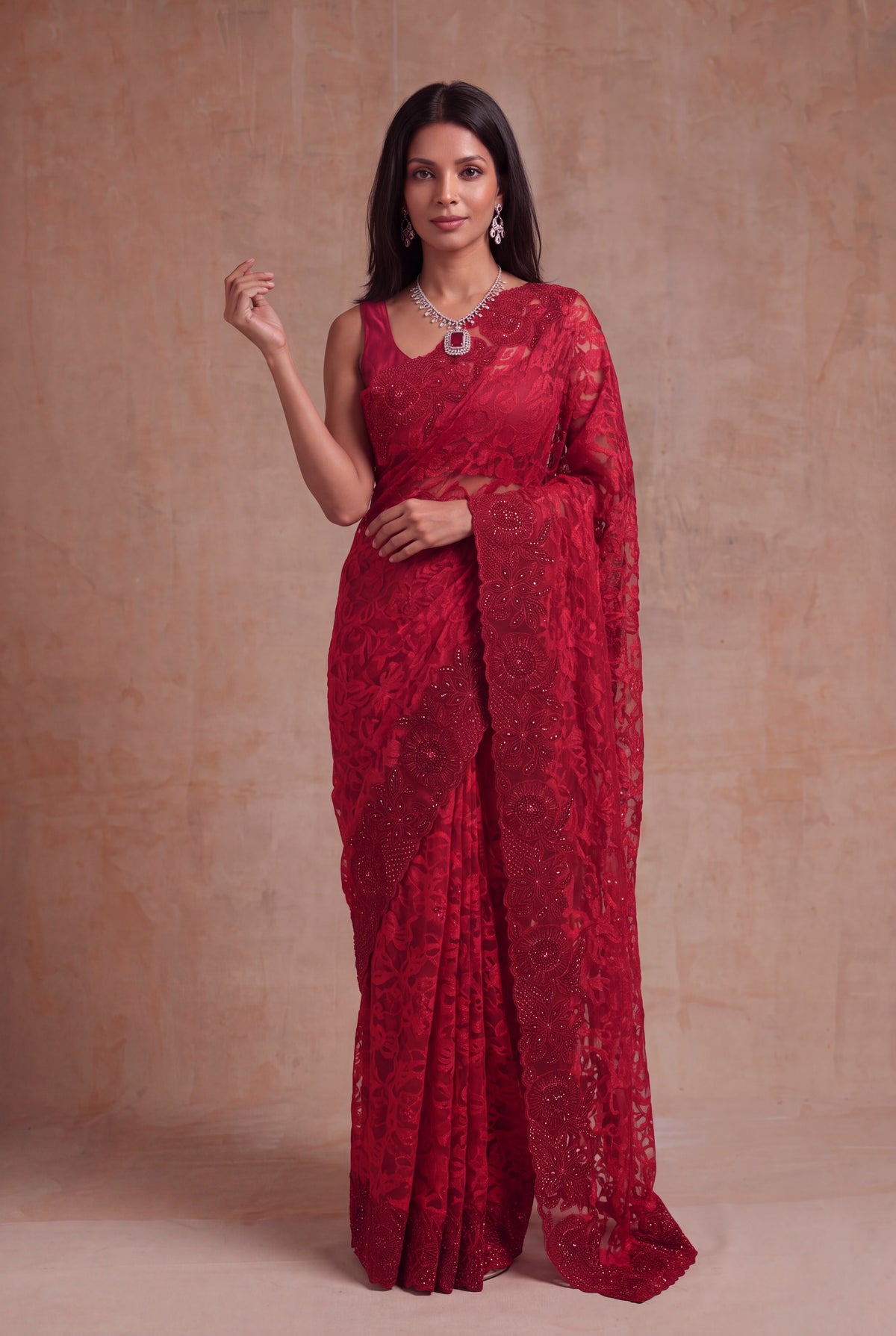 Red Net Saree with Sequin Jaal Work - Mokshaa