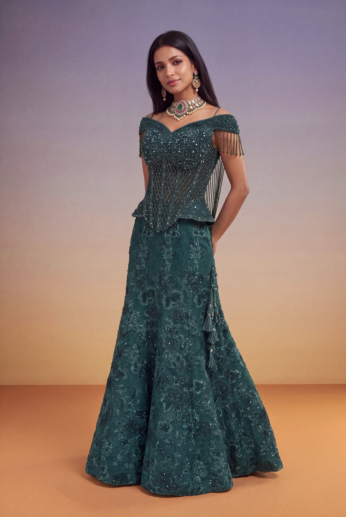 Emerald Green Indo-Western Corset Lehenga - Mokshaa