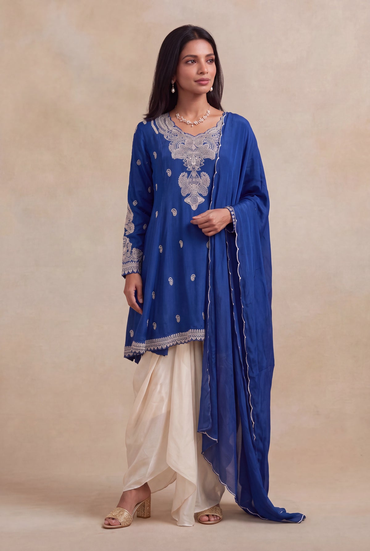 Royal Blue Chinon Indo-Western Set - Mokshaa