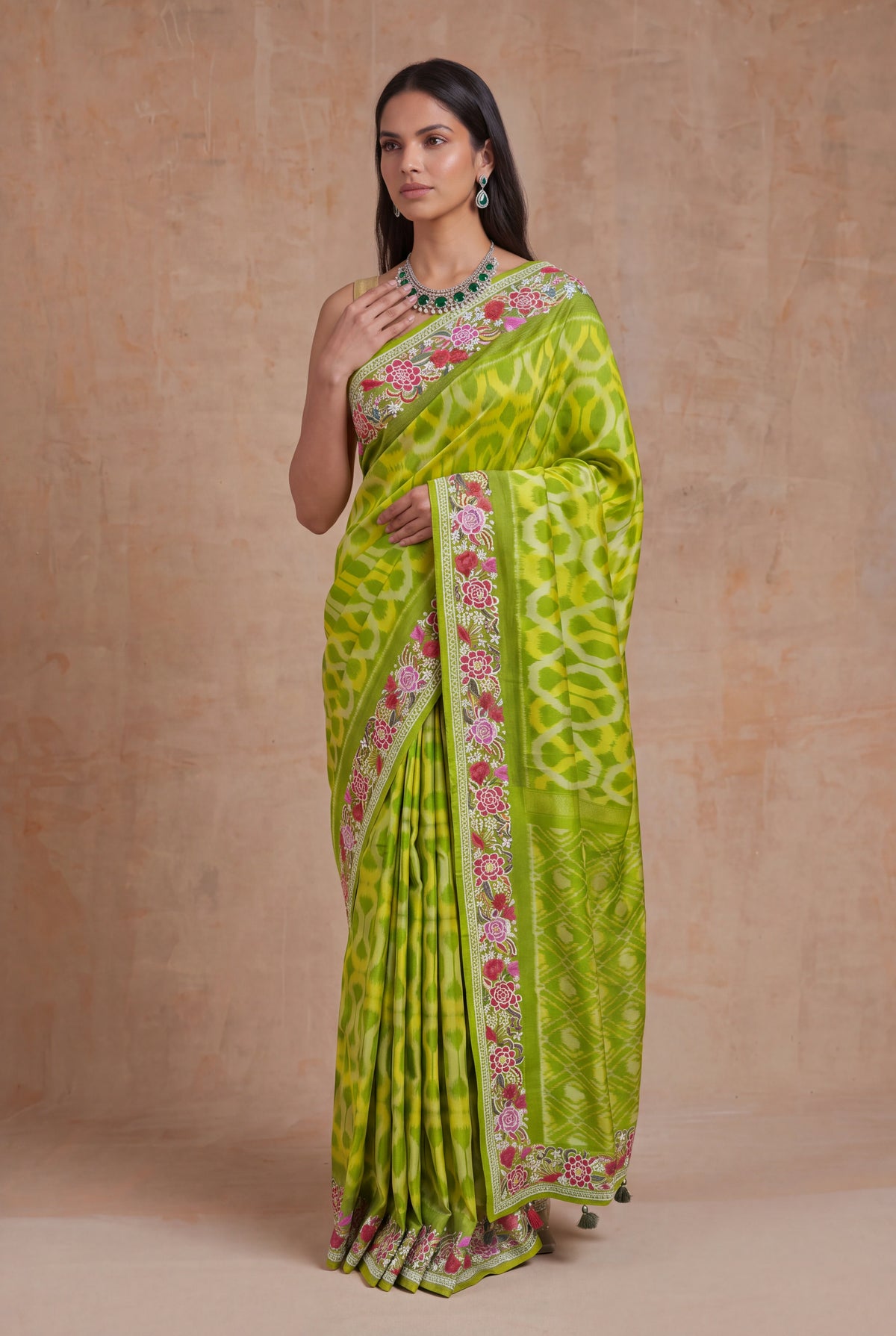 Lime Green Patola Silk Saree - Mokshaa