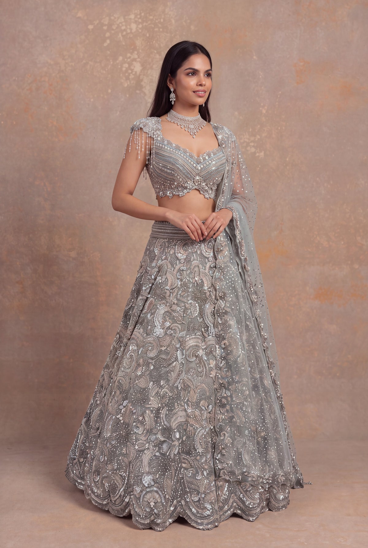 Sea Blue Net Lehenga - Mokshaa