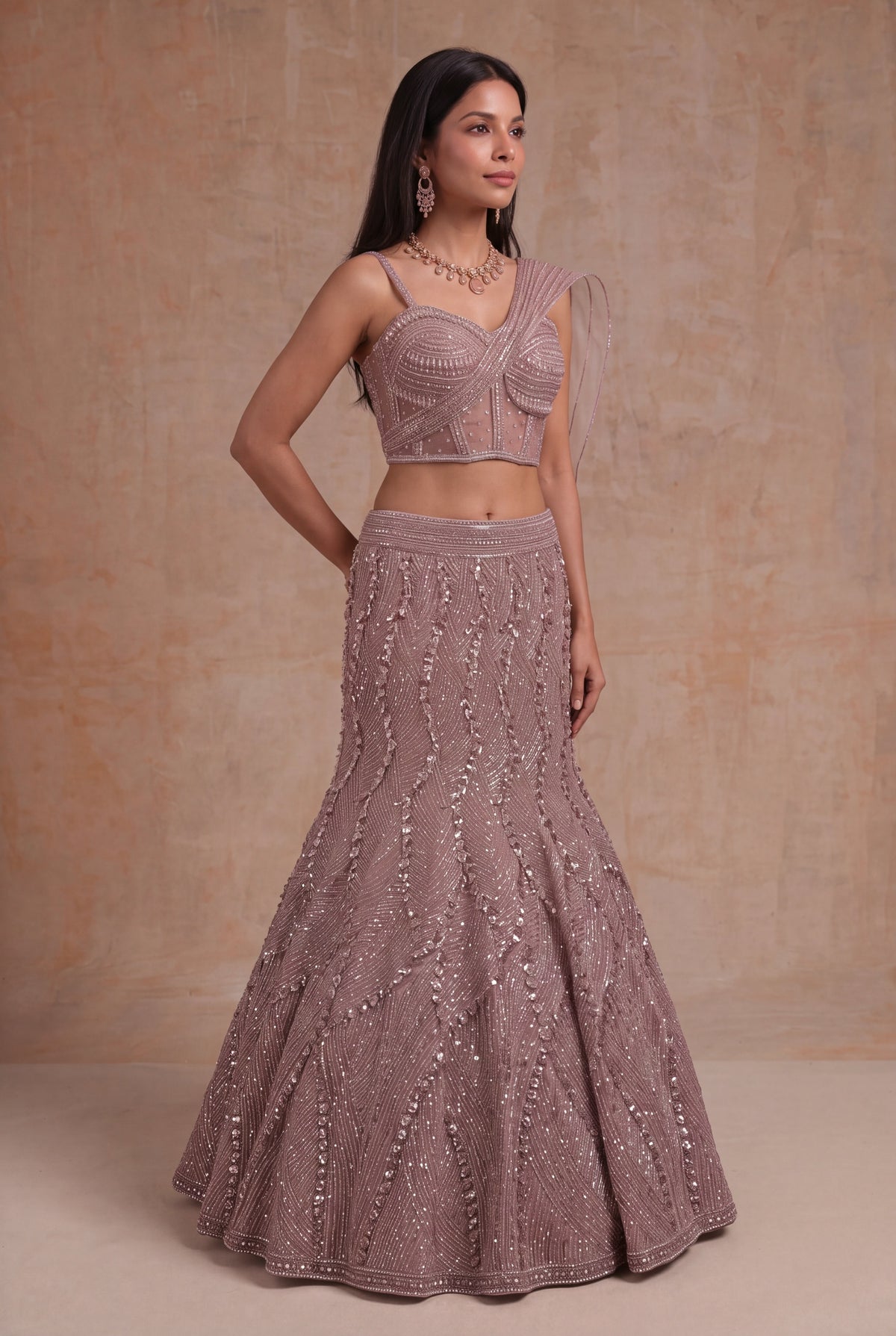 Onion Pink Embellished Fish Cut Lehenga
