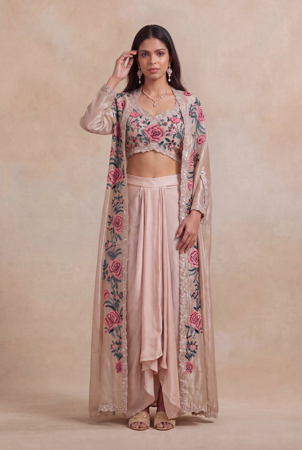 Blush Satin Floral Embroidered Indo-Western Cape Set - Mokshaa