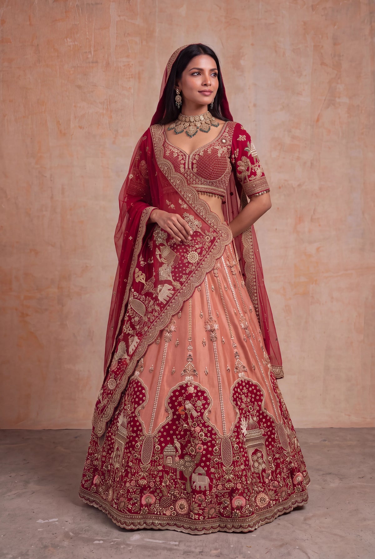 Peach & Deep Red Tissue Bridal Lehenga - Mokshaa