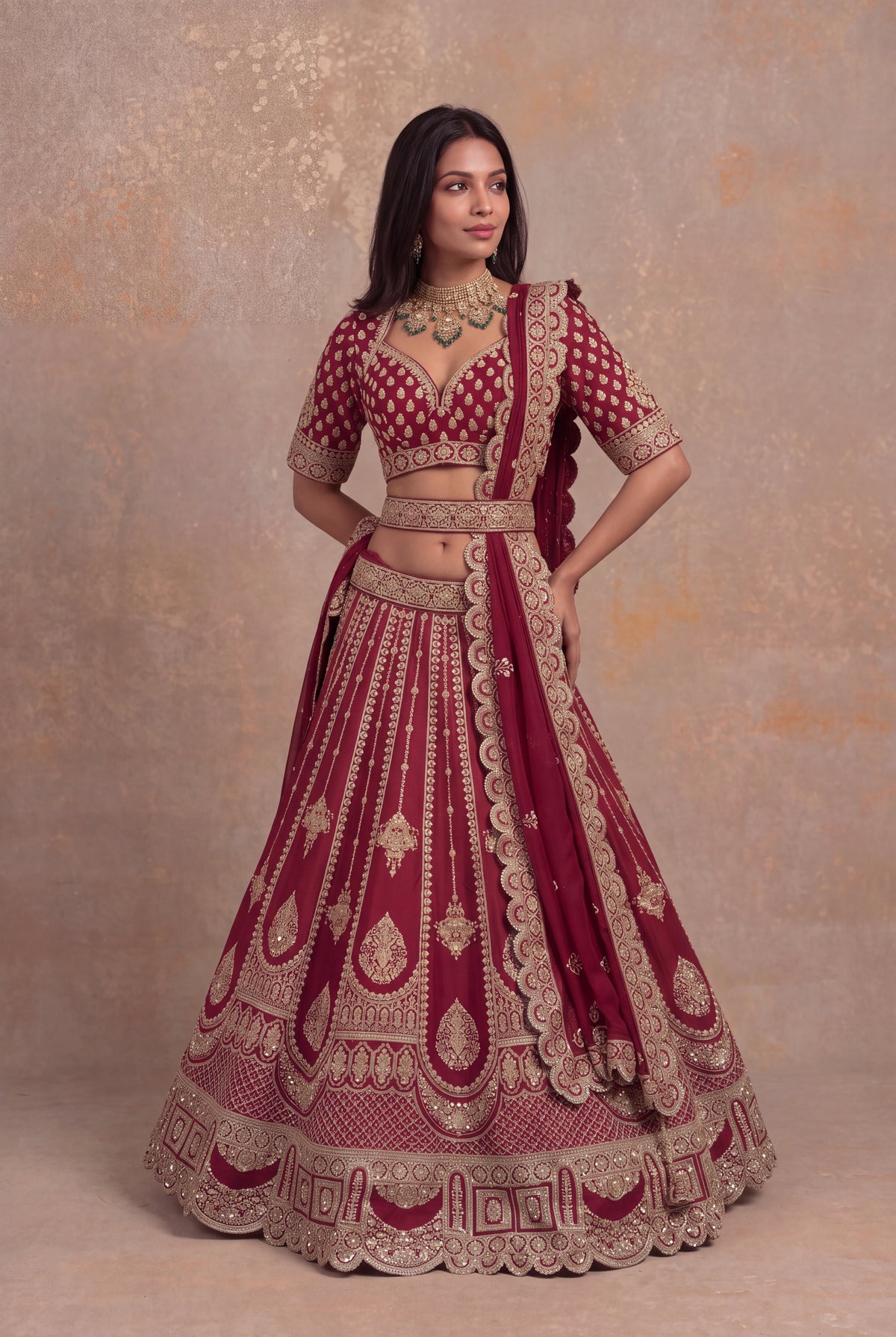 Maroon Raw Silk Lehenga Set with Zari and Pearl Embroidery - Mokshaa