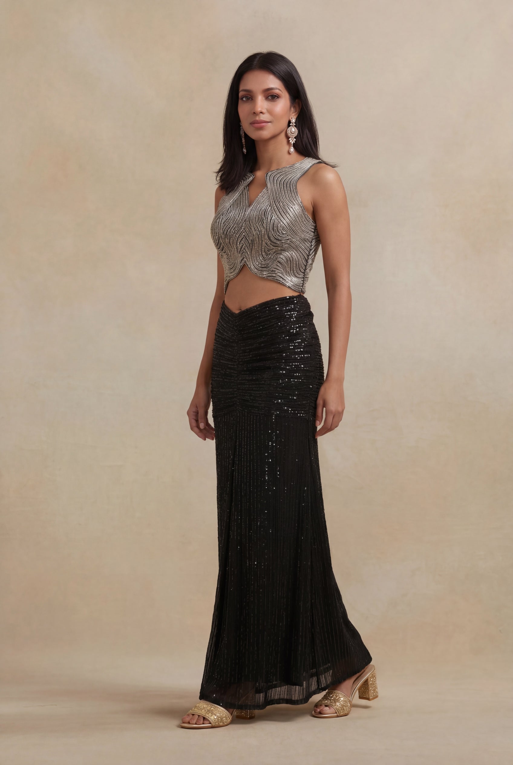 Black Net Indo-Western Co-Ord Set with All-Over Sequin Work
