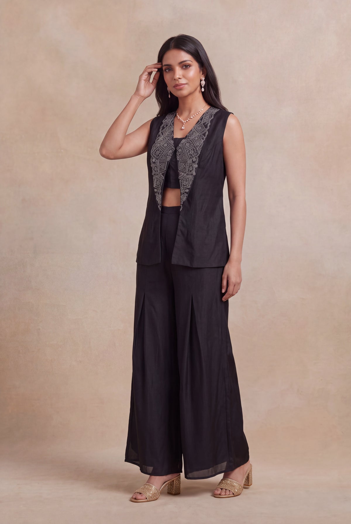Black Silk Indo-Western Palazzo Set - Mokshaa