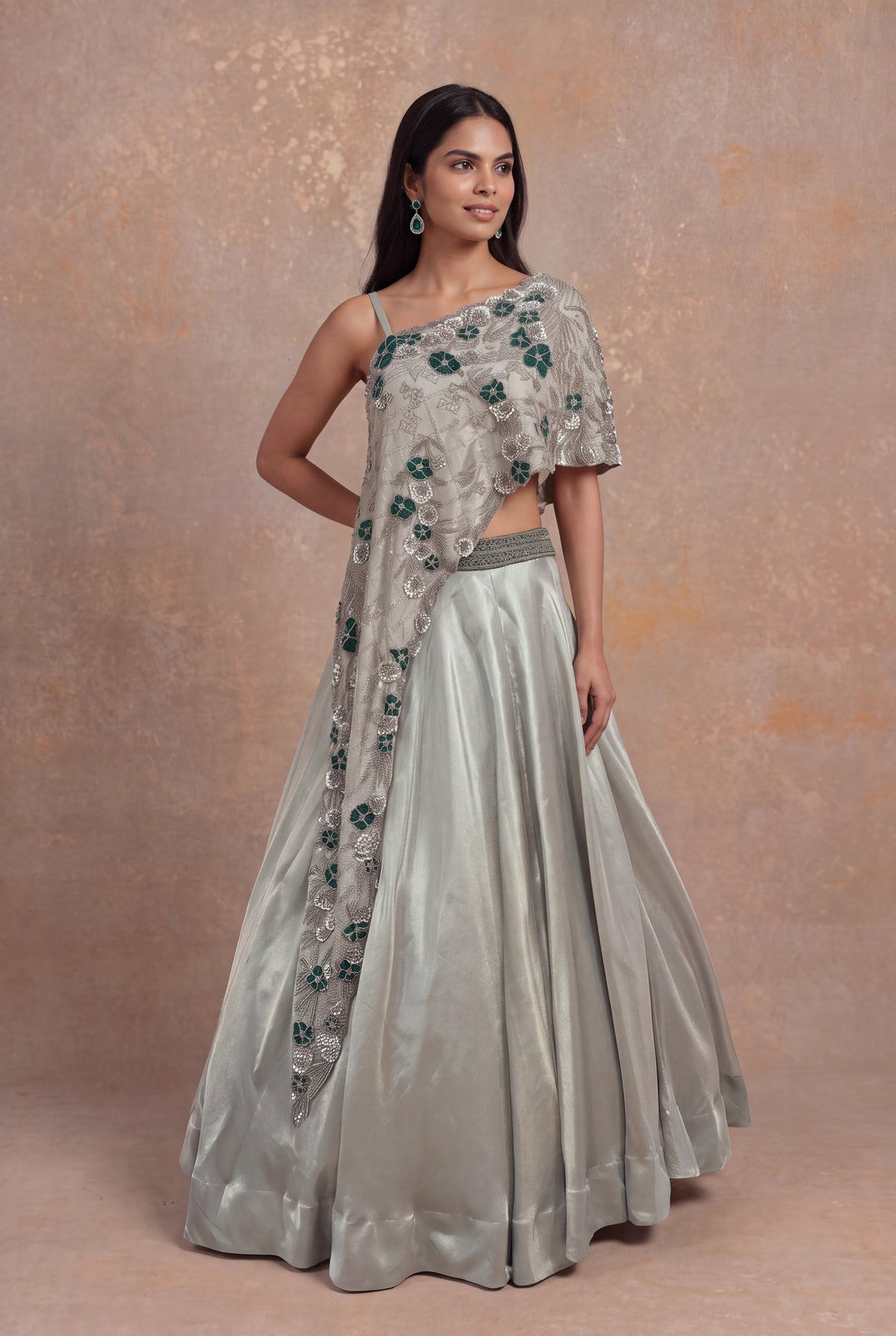 Silver Grey Lehenga with Sequin and Cutdana Floral Embroidery - Mokshaa
