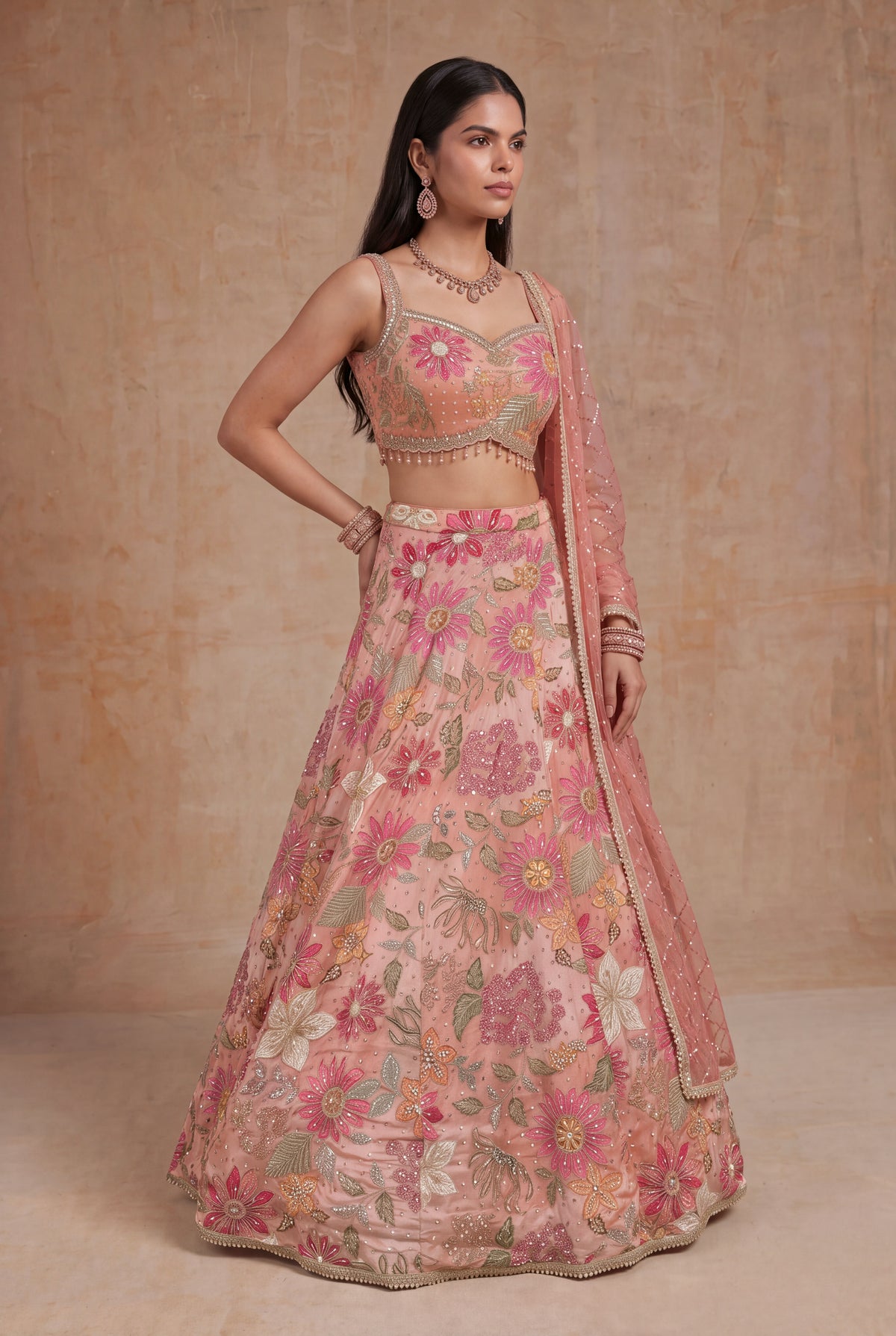 Peach Crepe Silk Lehenga - Mokshaa