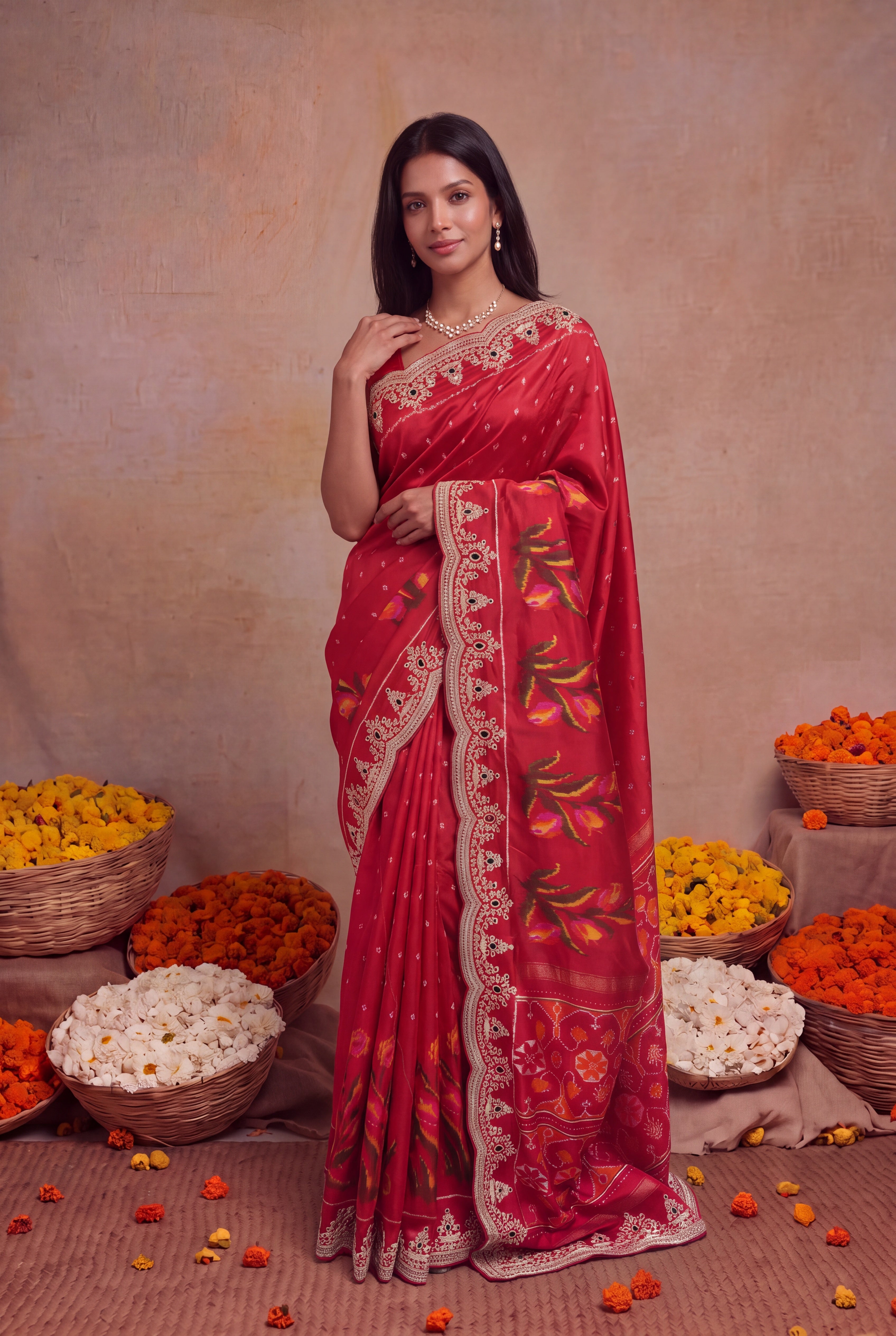 Red Twill Silk Zardosi Border Saree