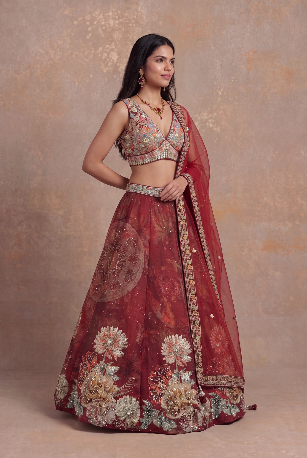 Deep Red Printed Silk Lehenga Set with Mirror Work - Mokshaa