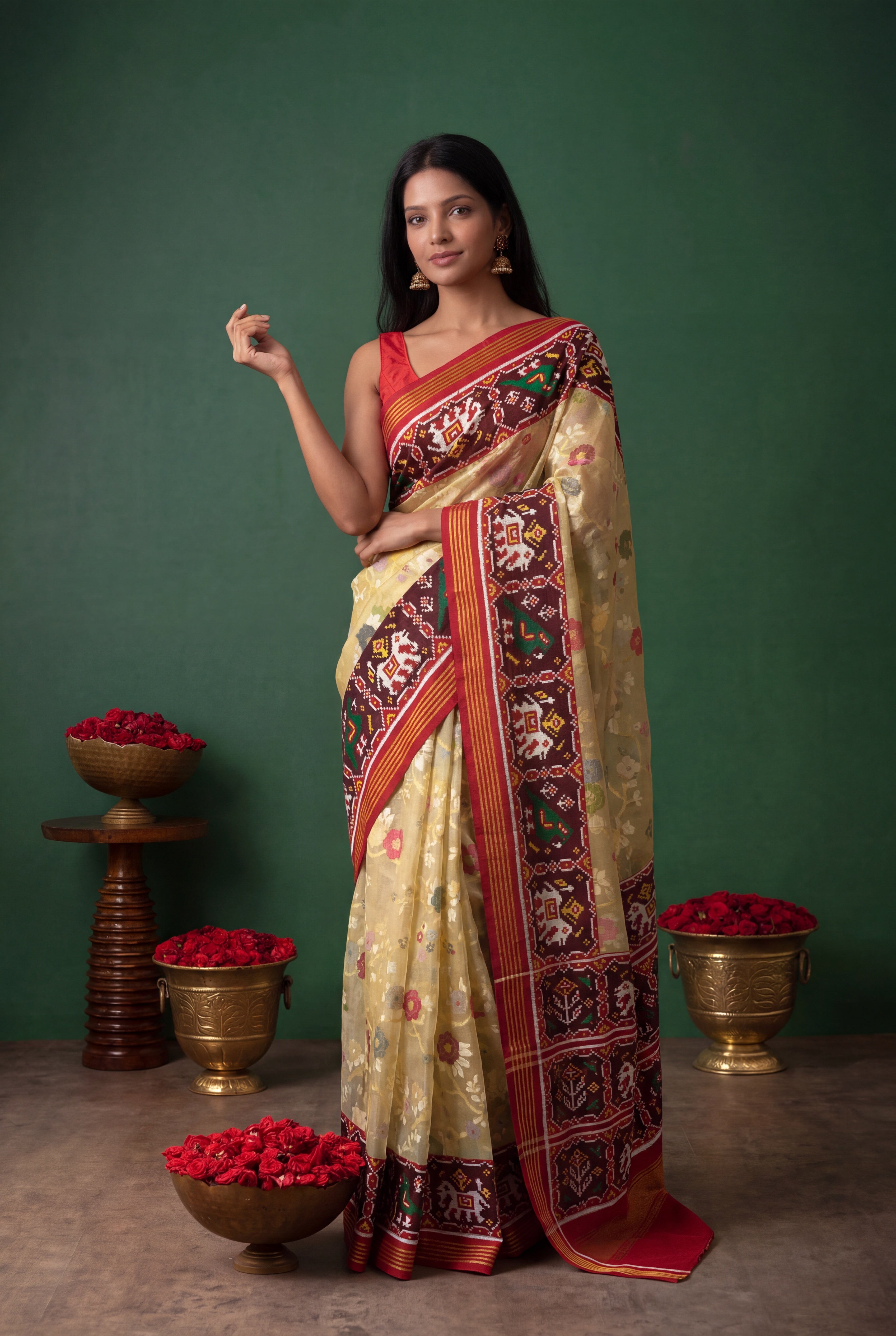 Pastel Yellow Kora Jamdhani Saree